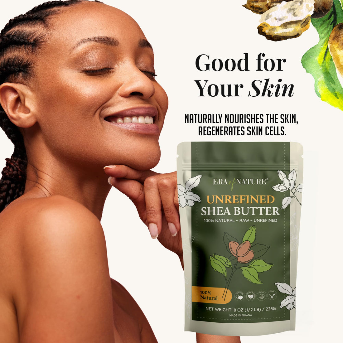 era of nature Organic Unrefined Raw AFRICAN IVORY WHITE SHEA BUTTER, for Anti Aging Dry Skin Base Beauty, Use Alone or in DIY Body Butters, Soaps, Lotions and lip balm - (Ghana) - 8oz
