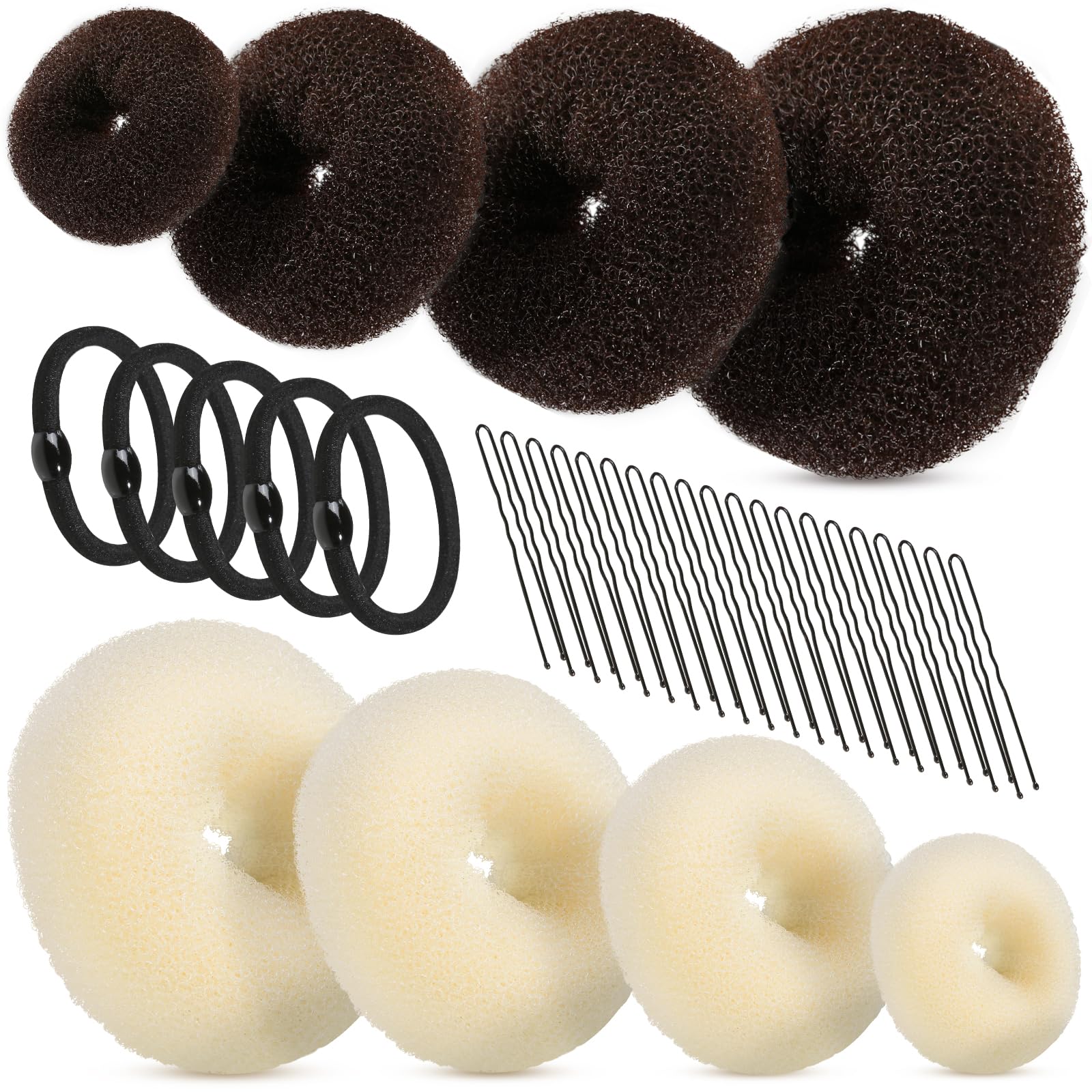 8pcs Hair Donut Bun, FANDAMEI Ballet Hair Accessories with 4pcs Dark Brown Donut Bun Maker&4pcs Beige Sock Bun, 5 pieces Hair Elastic Bands, 20 pieces Hair Pins, (2 extra-large, 2 large, 2 medium and