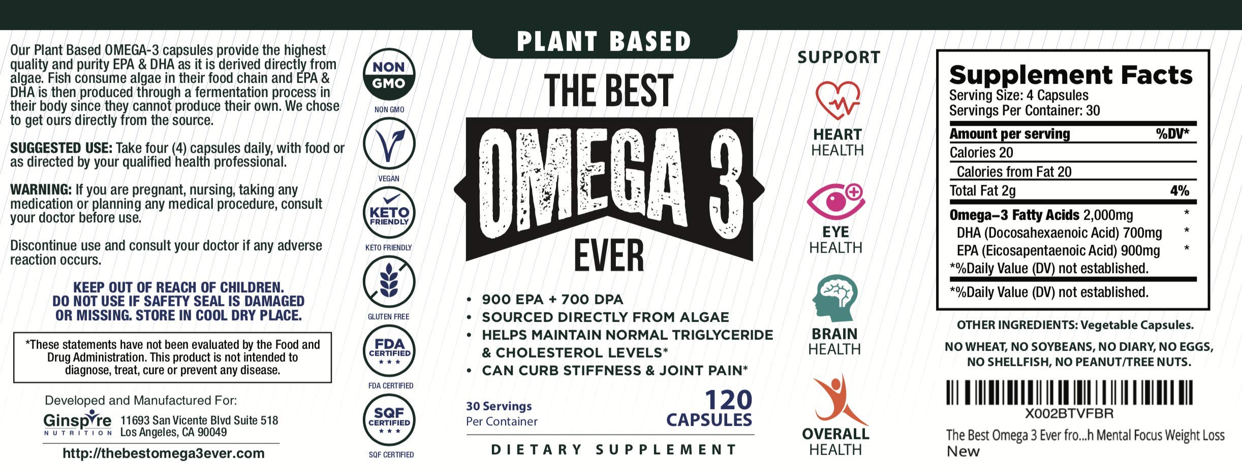 The Very Best Vegan Omega 3 Supplement - 120 Capsules - Vegan Algae Omega 3 Vegetarian Supplement - Plant Based Fish Oil Alternative - Vegan EPA DHA Supplement - Made in The USA - Heart Stress Relief