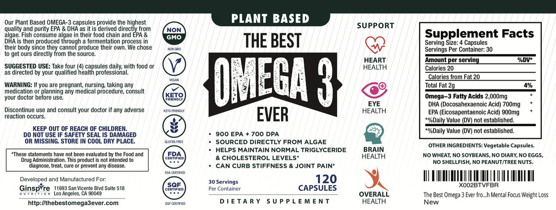 The Very Best Vegan Omega 3 Supplement - 120 Capsules - Vegan Algae Omega 3 Vegetarian Supplement - Plant Based Fish Oil Alternative - Vegan EPA DHA Supplement - Made in The USA - Heart Stress Relief