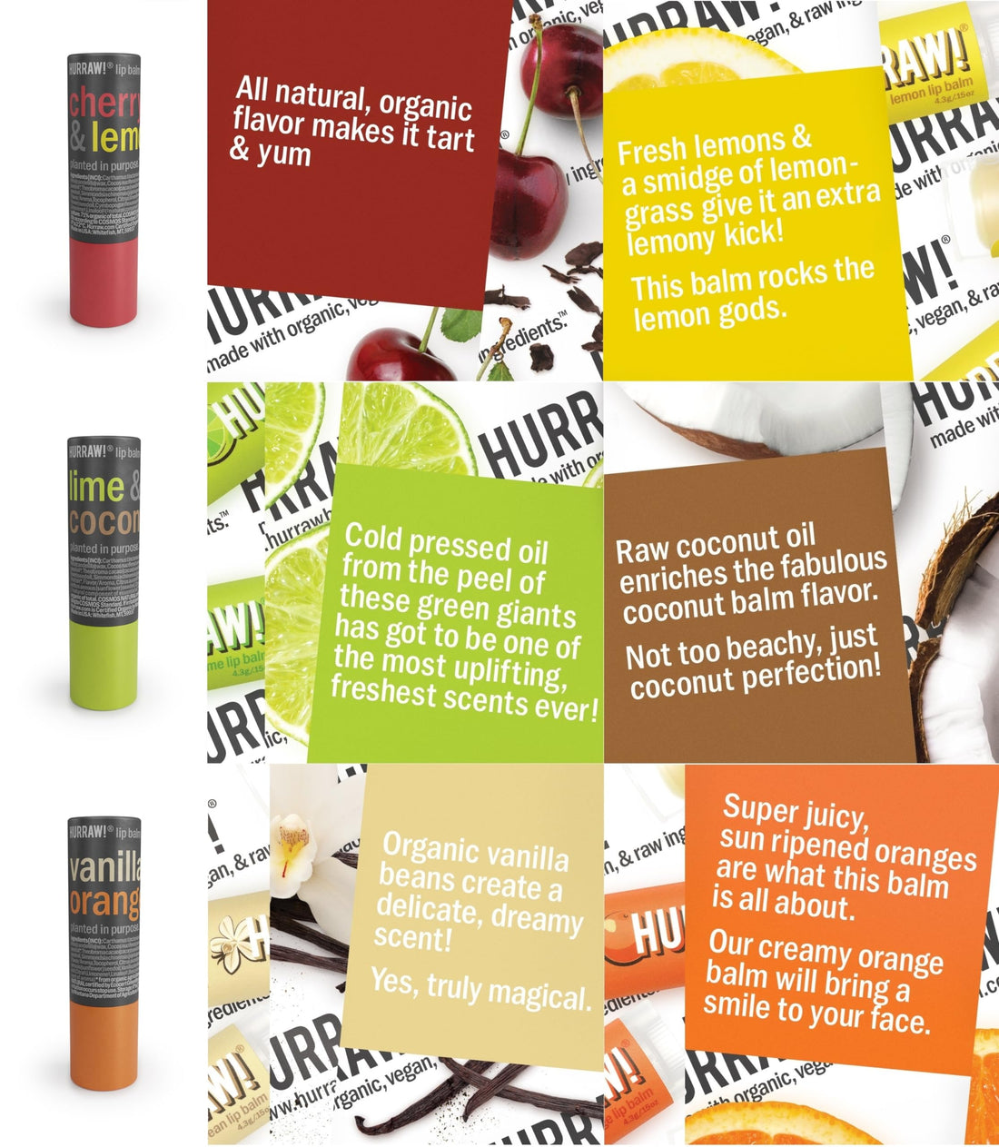 Hurraw! Cherry Lemon, Lime Coconut, and Vanilla Orange Lip Balm 3 Pack Bundle: Plastic-Free with new cardboard push-up tube. Certified Organic, Natural & Vegan. Bee, Shea, Soy & Palm Free. Made in USA