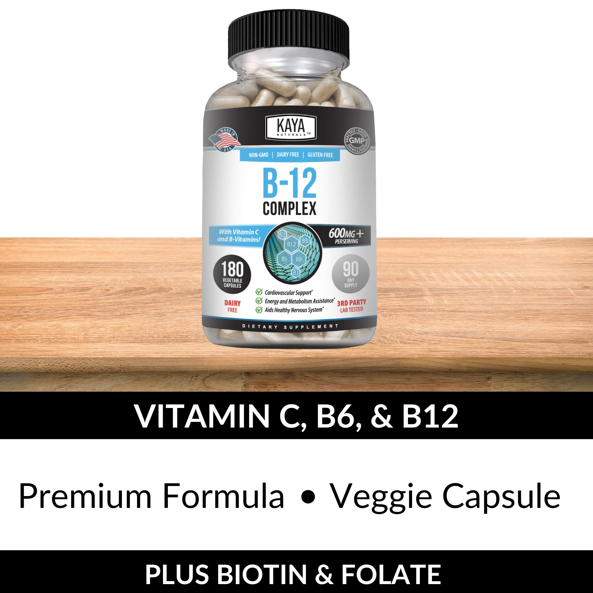 Kaya Naturals B-12 Complex | Multivitamin Supplement for Women & Men | Energy and Metabolism Booster | Vitamin Supplement with Biotin, Choline, Inositol, Folate, and Vitamin C – 180 Count
