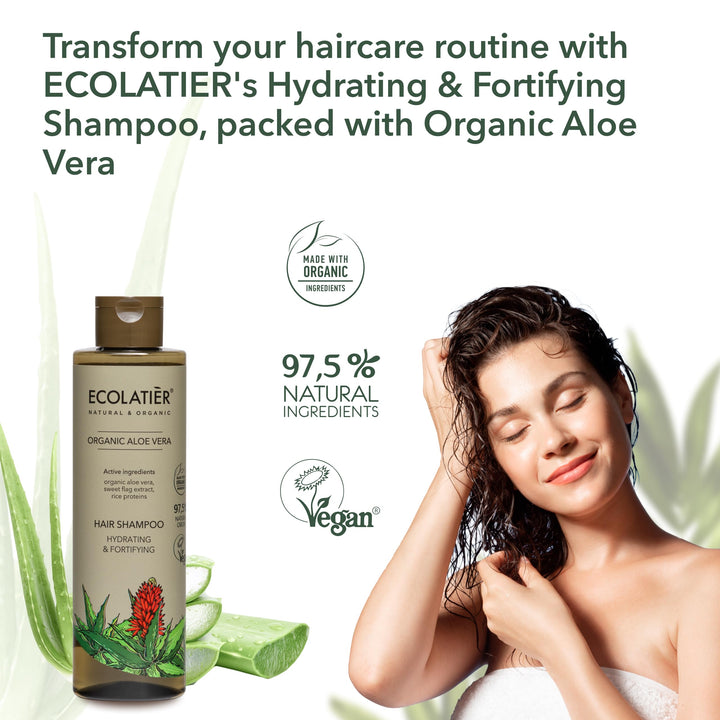 ECOLATIÈR Aloe Vera Shampoo with Organic Aloe Vera Juice – Hydrating & Fortifying, Vegan, 97.5% Natural, Moisturizing & Hypoallergenic, Non-Toxic, for All Hair Types, 8.5 Fl Oz / 250ml