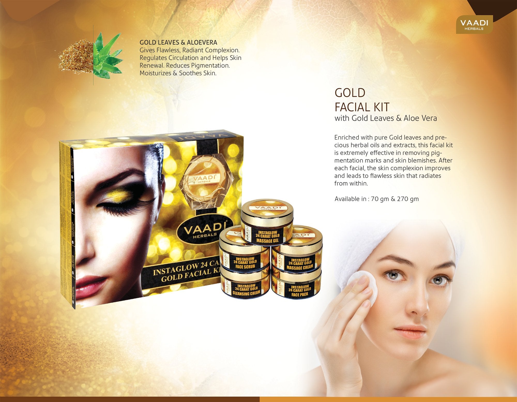 Facial Kit - Gold Facial Kit with 24 Carat Gold Leaves, Marigold & Wheatgerm Oil, Lemon Peel Extract -  ALL Natural -  Suitable for All Skin  Unisex  70 Grams - Vaadi Herbals