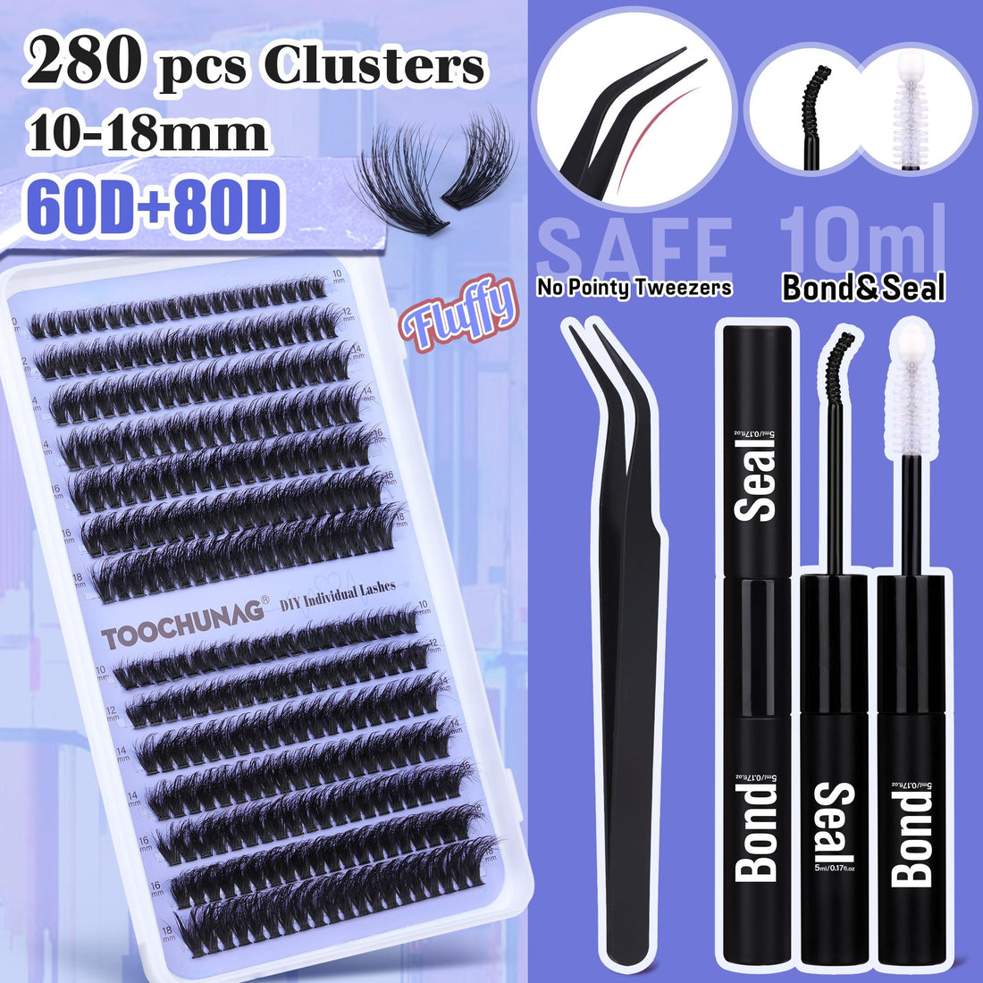 Lash Extension Kit Fluffy Eyelash Extension Kit 60D+80D Thick Lash Clusters Kit with Lash Bond and Seal Wispy Individual Eyelashes Cluster with Lashes Tweezers by TOOCHUNAG(280Pcs,10-18mm)