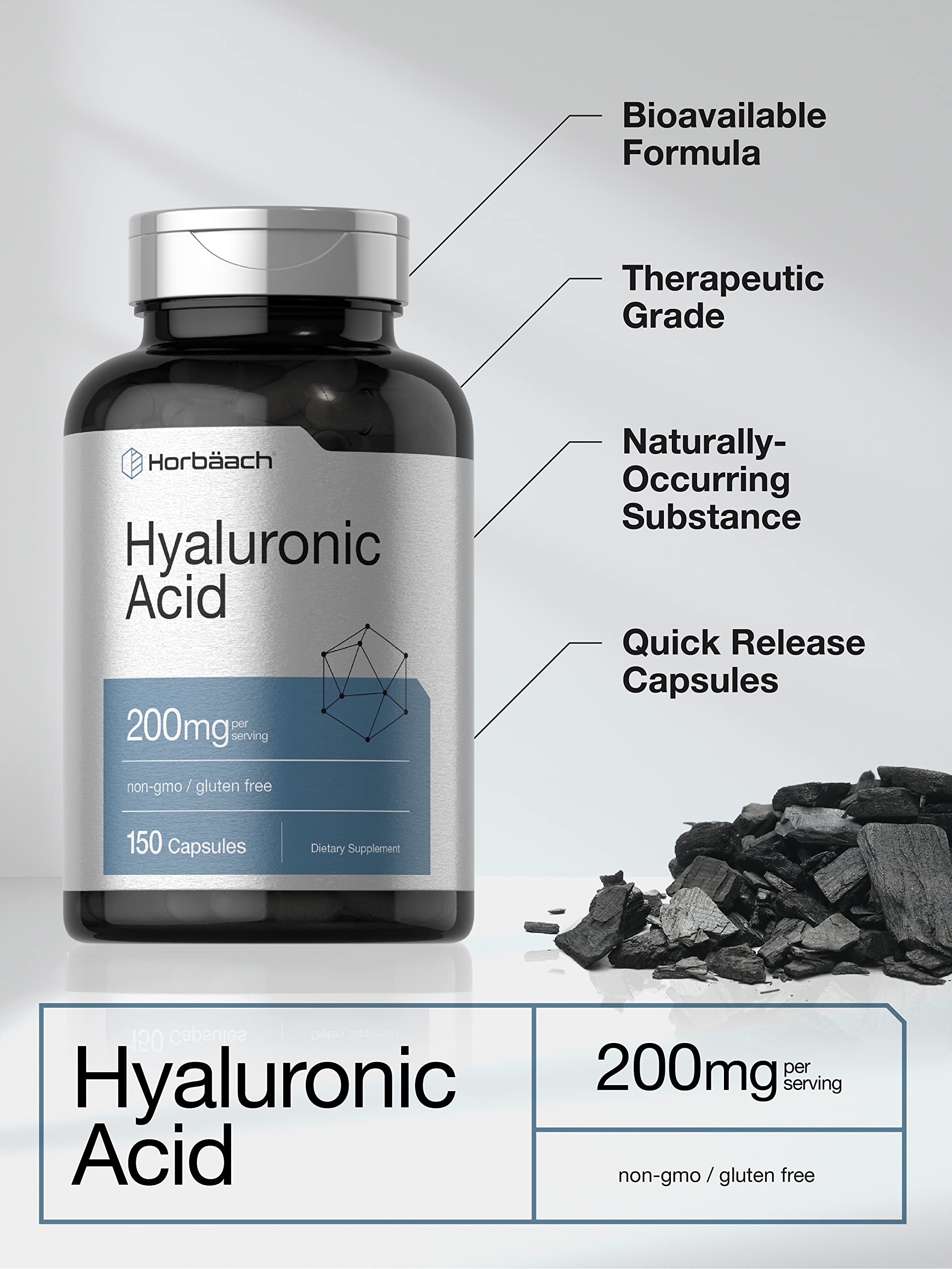 Horbäach Hyaluronic Acid Supplement | 200 mg | 150 Capsules | Non-GMO and Gluten Free Supplement