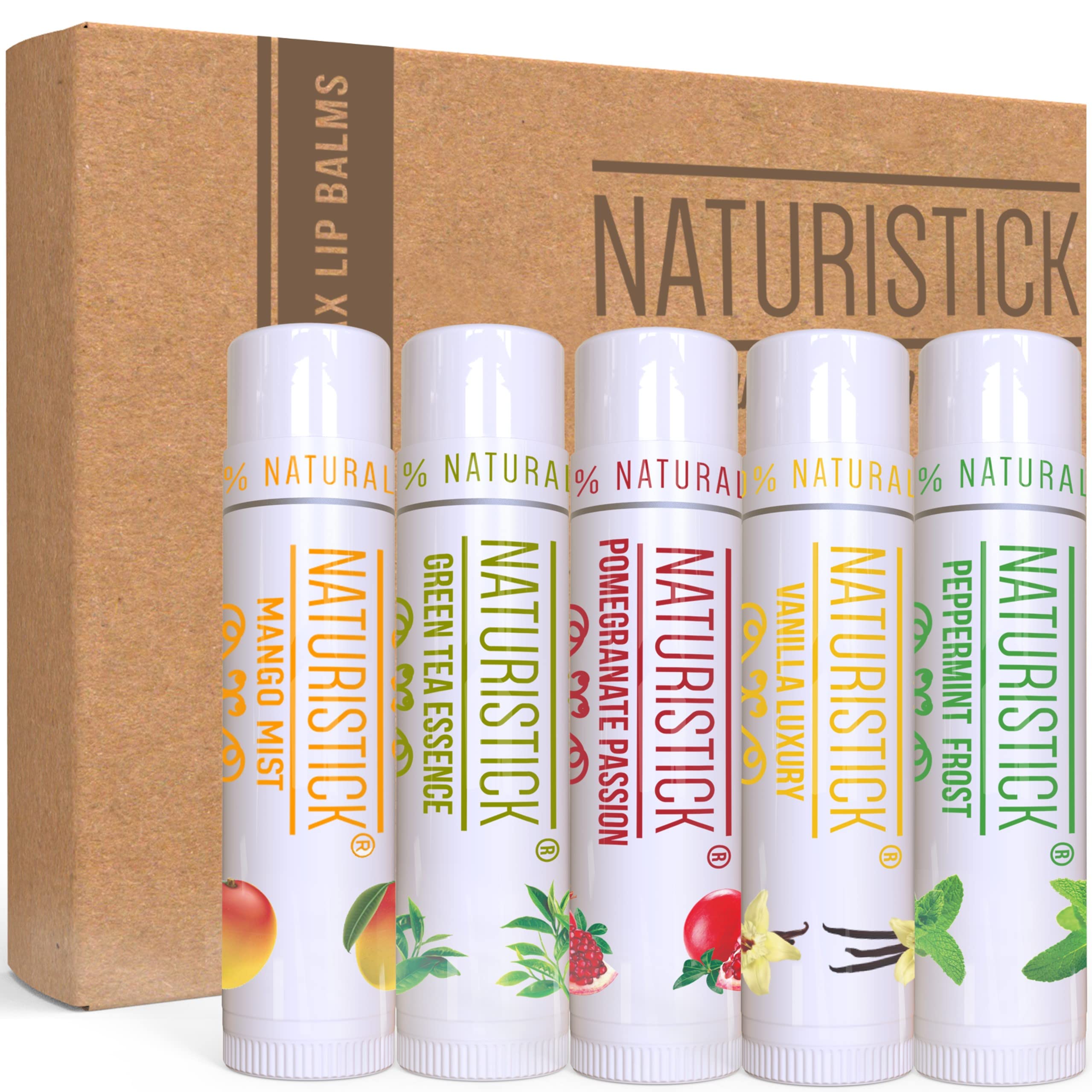 Naturistick Lip Balm - All Natural Flavored Lip Care with Lip Balm Holder - for Men and Women - Made of 100% Natural Moisturizers - Best for Dry and Chapped Lips - 4 Refreshing Flavors - Made in USA