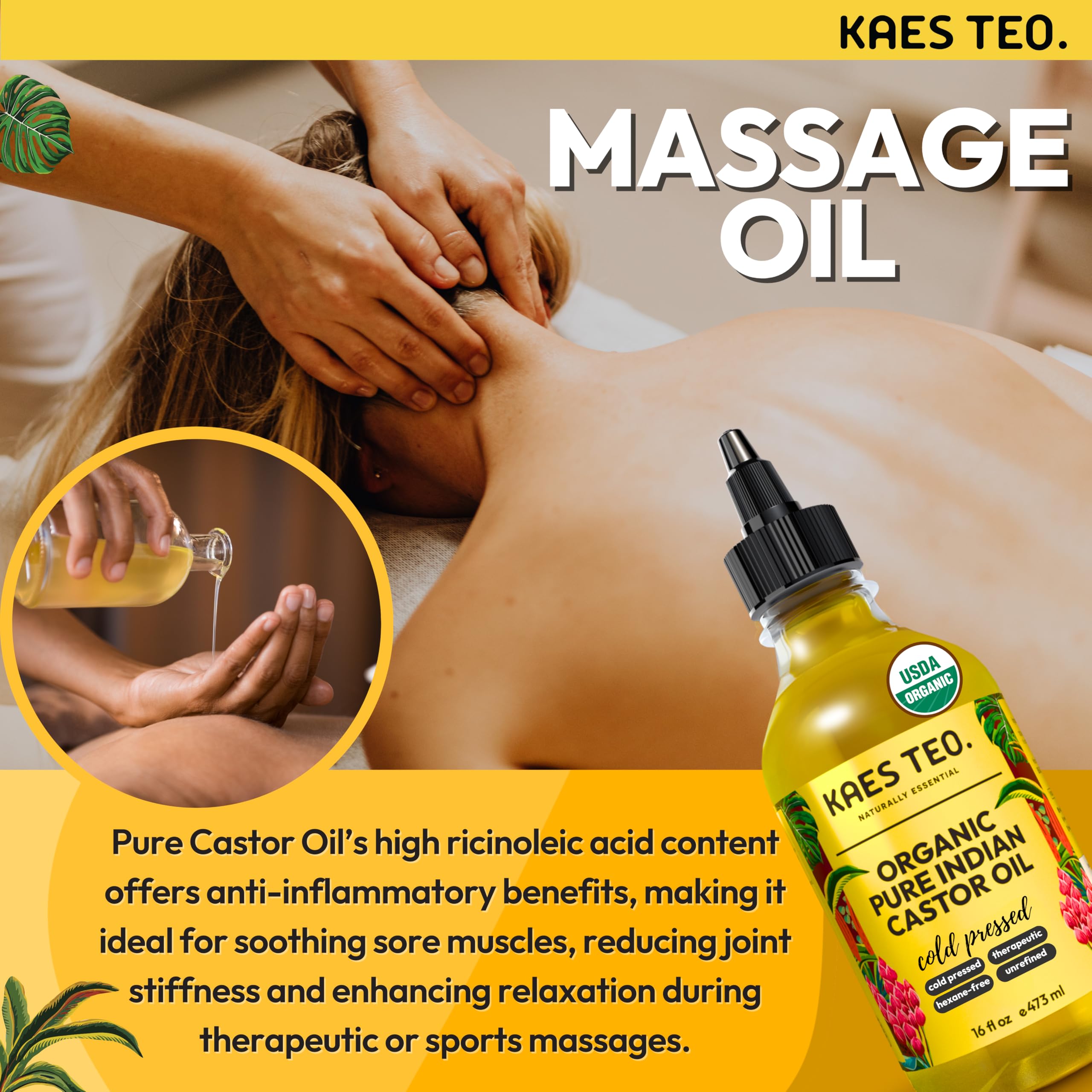 Kaes Teo Cold Pressed Organic Castor Oil Hexane Free - 16 Fl Oz - 100% Pure, Natural - Premium Grade Carrier Oil for Hair Growth, Eyelashes and Eyebrows, Skin, Nails, Face & More, Castor Oil Packs
