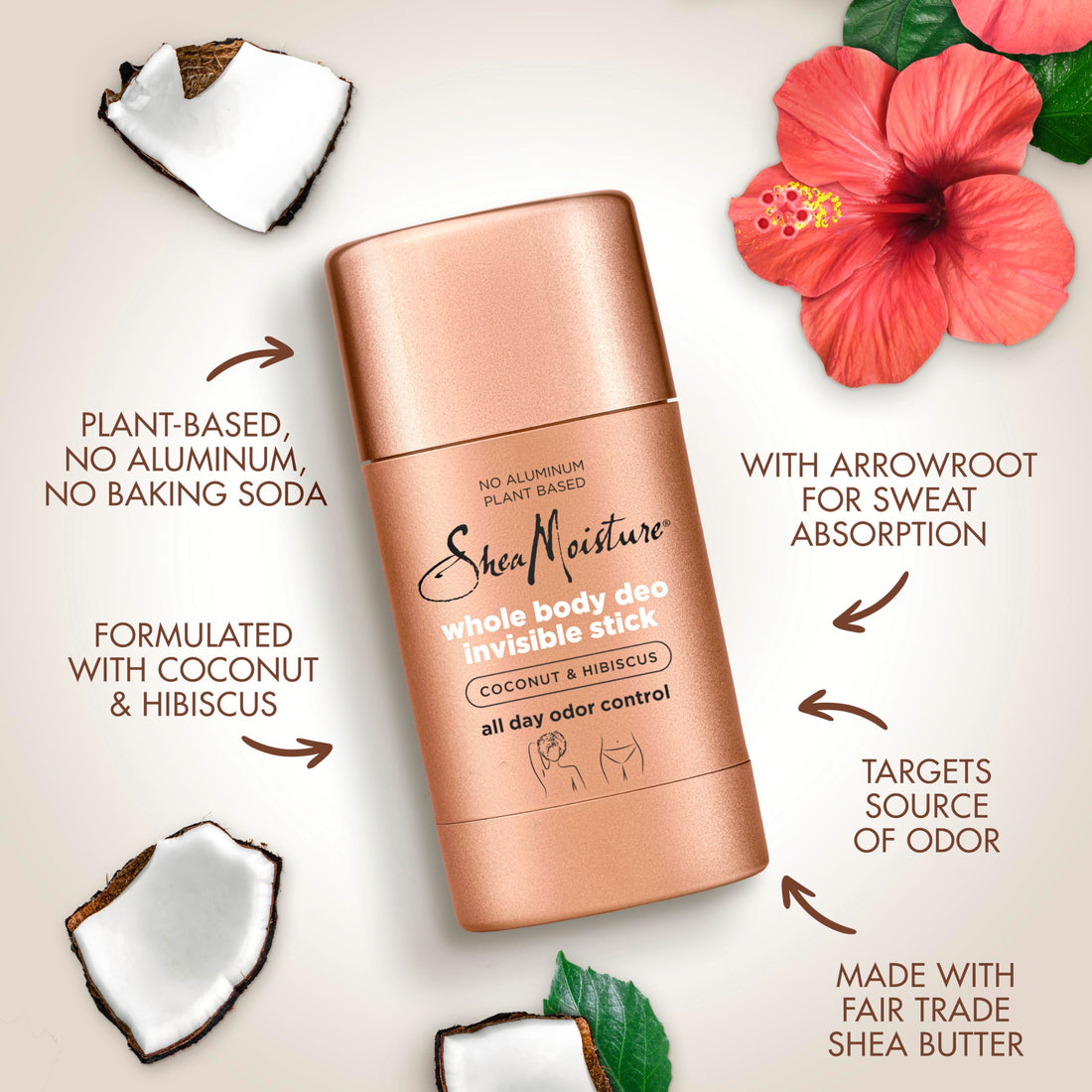 SheaMoisture Invisible Deo Stick Coconut & Hibiscus 3count Whole Body Plant Based, No Aluminum 2.6 oz