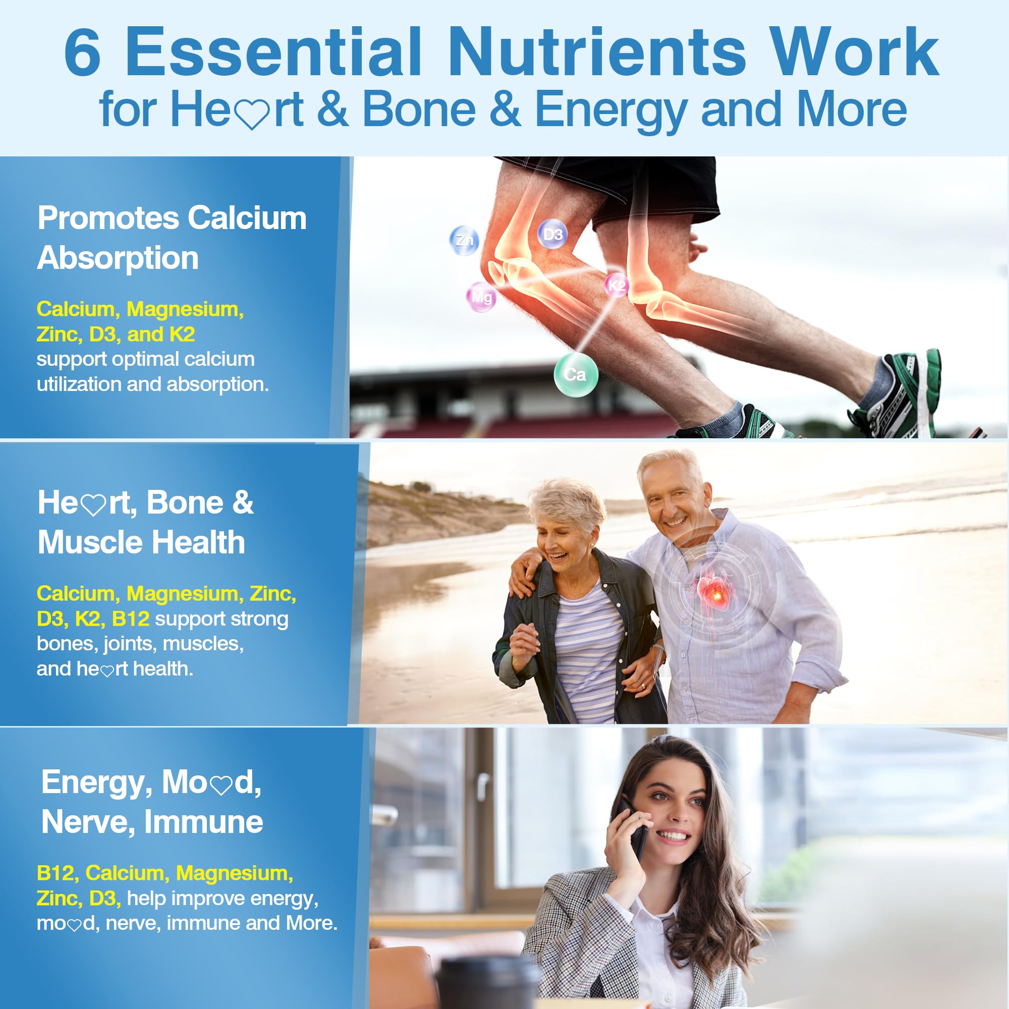 LILICARE 6-in-1 Liposomal Vitamin D3 K2 Calcium Supplement - Plant Based Calcium 600mg with Vegan Vitamin D 5000 IU + Vitamin K2 MK7 + B12, Algae Magnesium Zinc for Bone, Max Absorption - Pack of 1