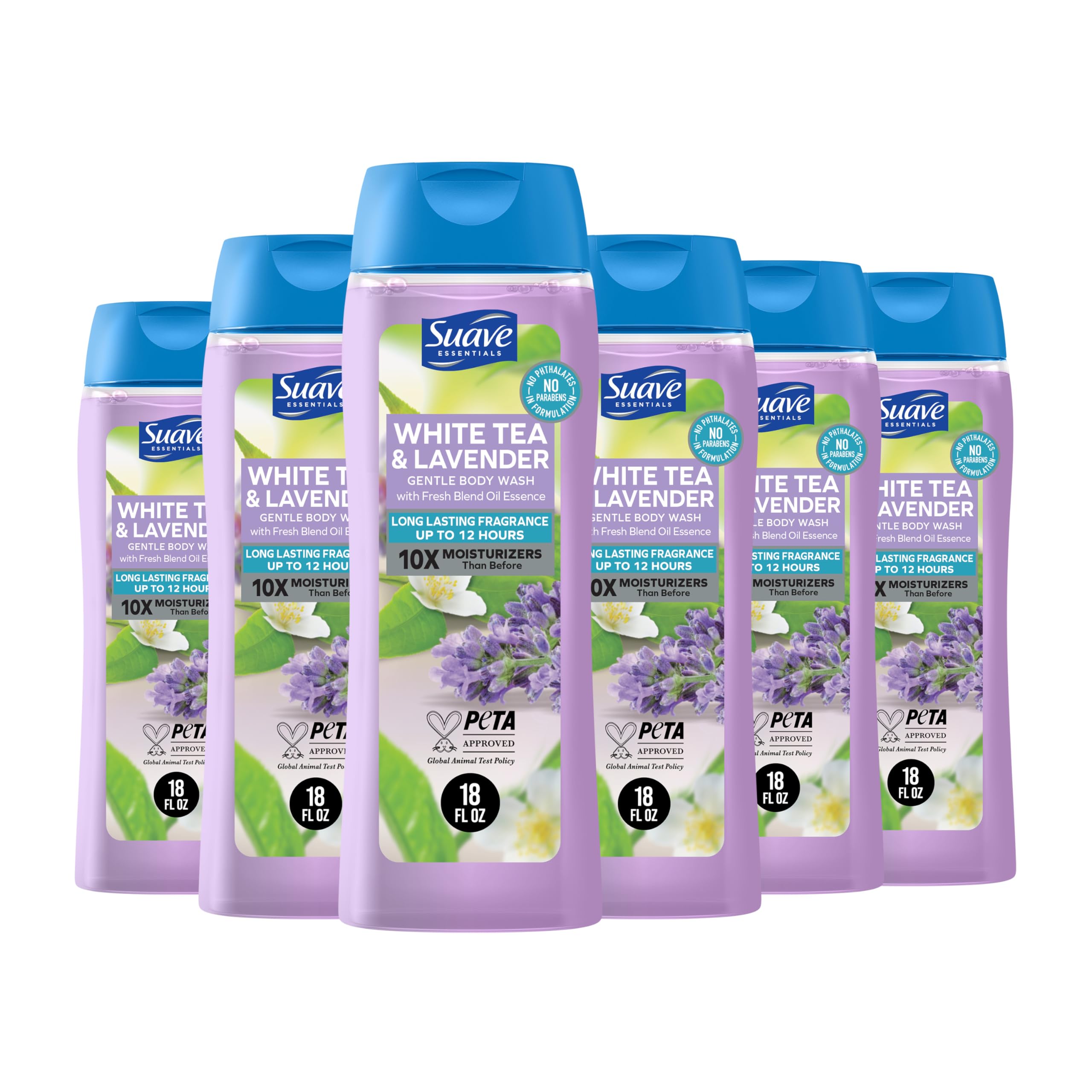 Suave Moisturizing Body Wash Women, White Tea and Lavender with Vitamin E and Aloe Extracts, No Parabens, No Phthalates, 18 Oz (Pack of 6)