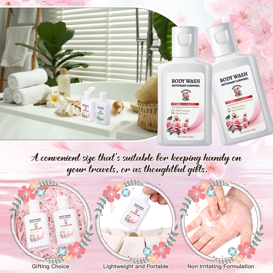 Swiffen 12 Pack Travel Size Body Wash Bulk 1 oz Mini Moisturizing Body Wash for Women Men Coworker Birthday Christmas Mothers Day Teacher Nurse Gift (Rose)