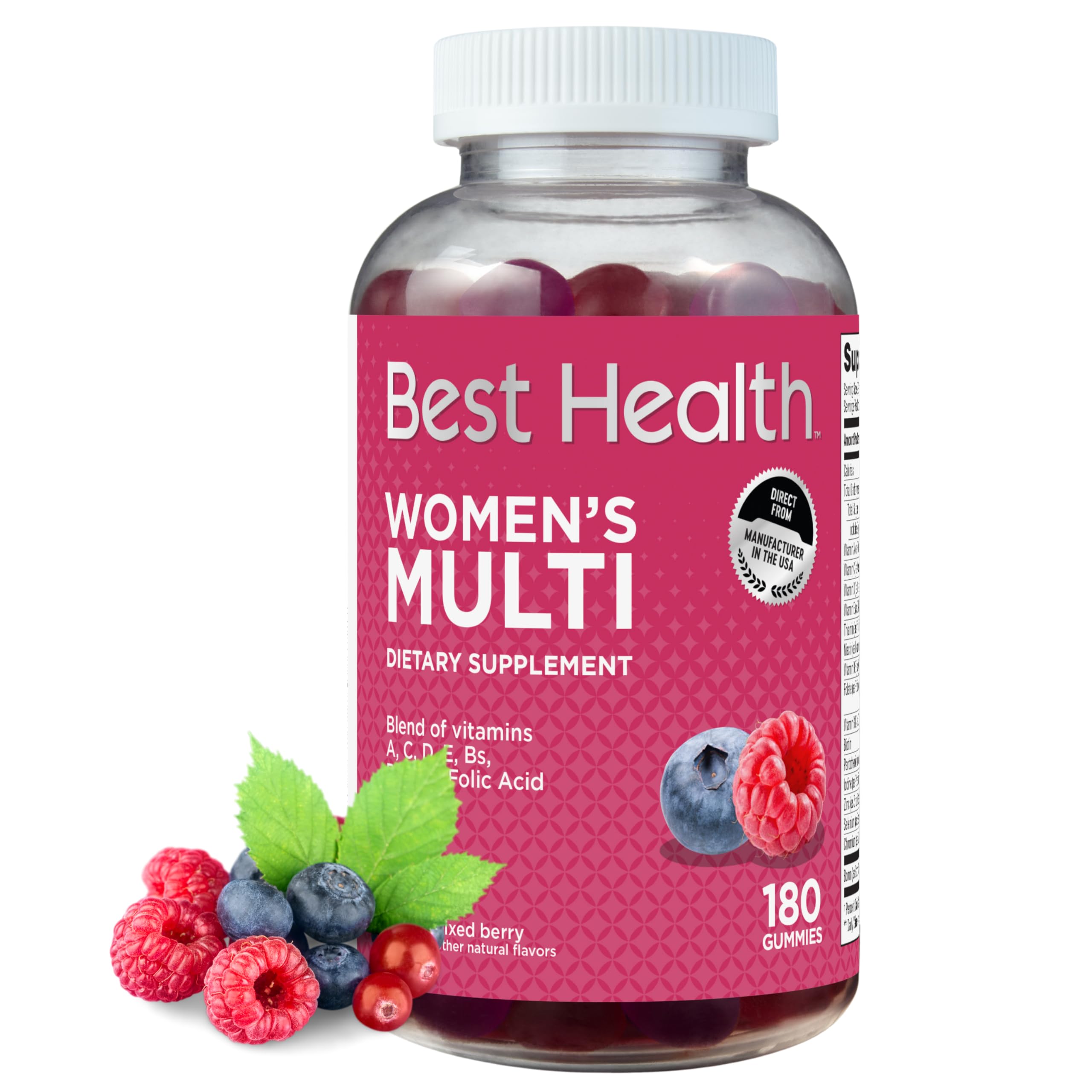 Best Health Women’s Multivitamin Gummies, Multivitamin for Women with Biotin, Folic Acid, Vitamins A,C,D,E,Natural Mixed Berry Flavor (180ct)