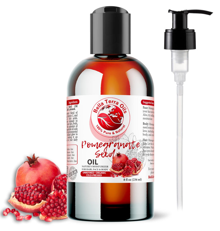 Bella Terra Oils New Pomegranate Seed Oil. 8Oz. Cold-Pressed. Unrefined. Organic. 100% Pure. Rich In Antioxidants. Hexane-Free. Rejuvenates Skin. Softens Hair. Natural Moisturizer. For Hair, Skin,