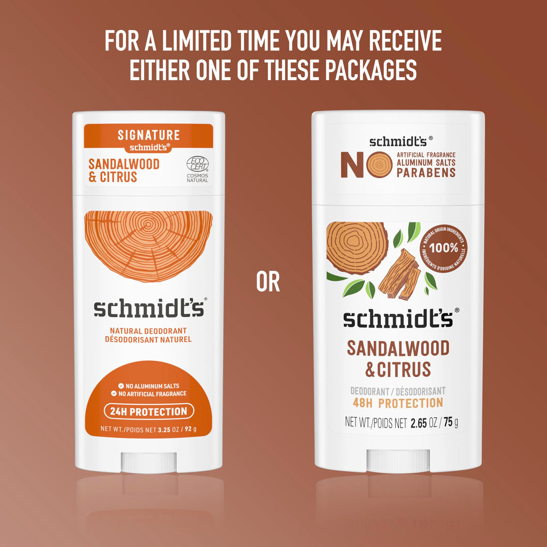 Schmidt's Aluminum-Free Vegan Deodorant Sandalwood & Citrus 2 Count for Women and Men, with 24 Hour Odor Protection, Natural Ingredients, Cruelty-Free, 2.65 oz