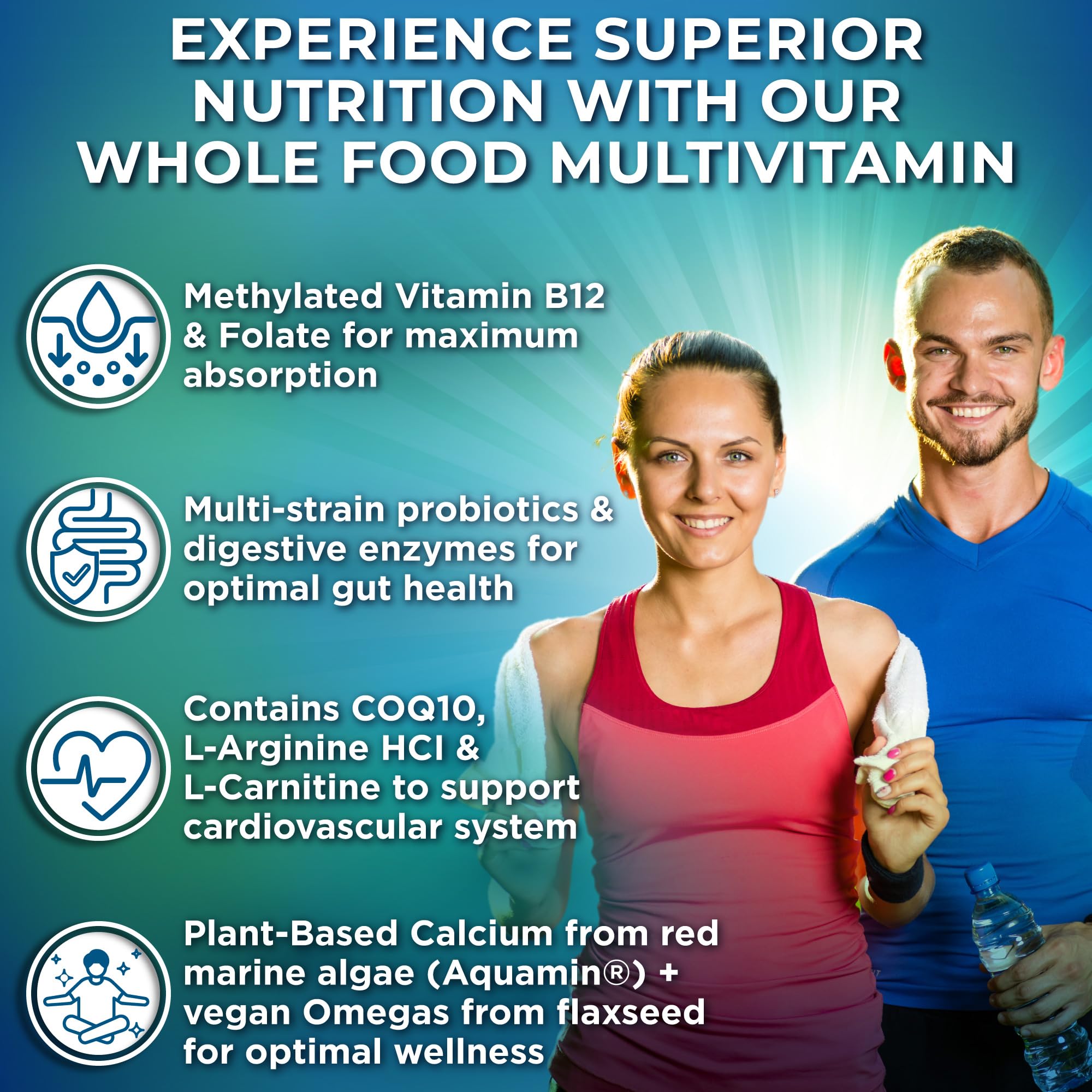 Vegan Whole Food Multivitamin with Iron, Daily Multivitamin for Women and Men, Made with Fruits & Vegetables, B-Complex, Probiotics, Enzymes, CoQ10, Omegas, Turmeric, Non-GMO, 180 Count