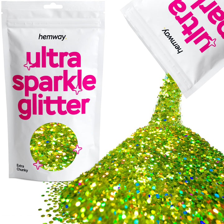 Hemway Premium Ultra Sparkle Glitter Multi Purpose Metallic Flake for Arts Crafts Nails Cosmetics Resin Festival Face Hair - Lime Green Holographic - Extra Chunky (1/24 0.040 1mm) 100g / 3.5oz