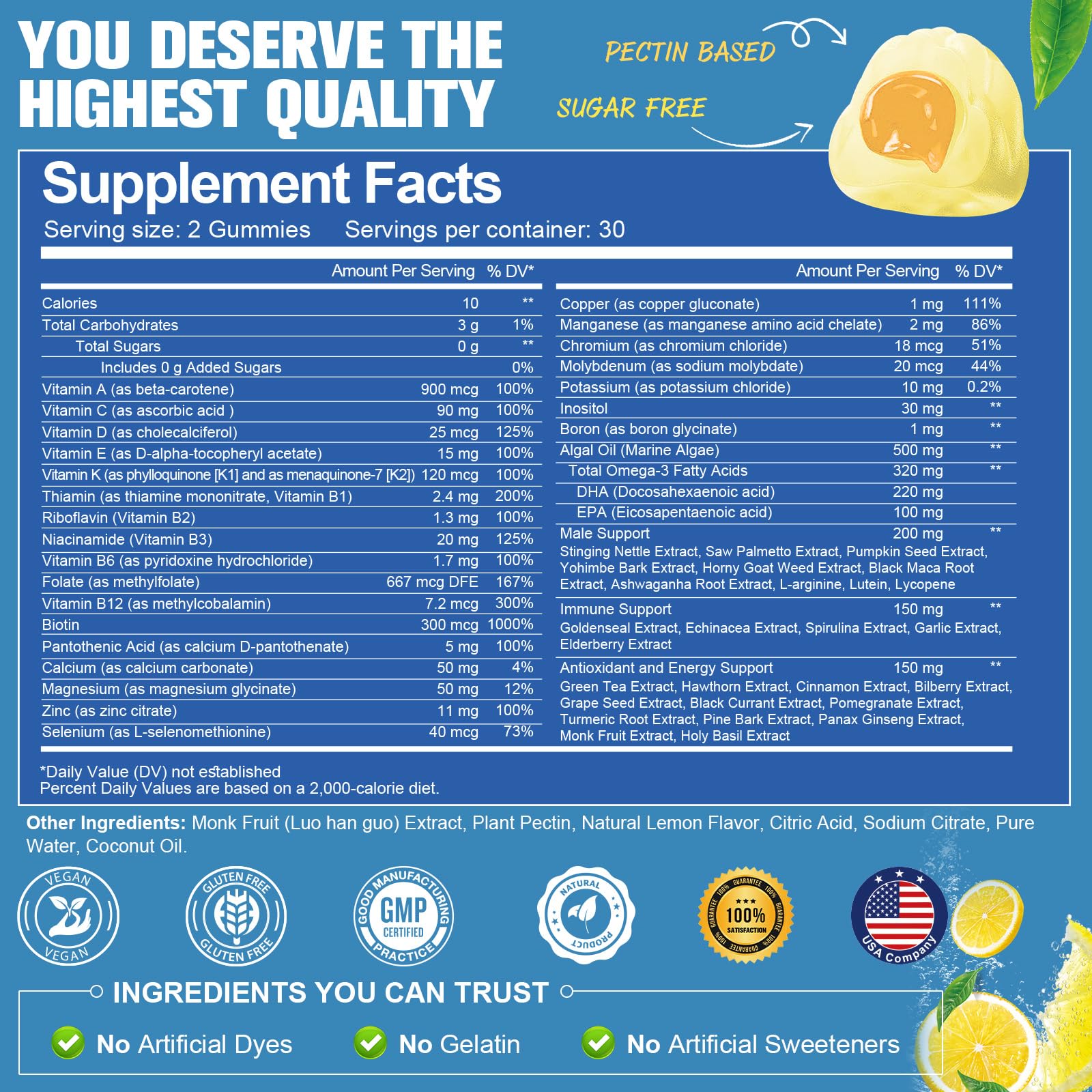 Totaria Sugar Free Multivitamin Gummies for Men w/Vegan Omega 3, Vitamin A, B, C, E, D3, K, Methylfolate, Biotin, Zinc, Mens Daily Vitamins & Minerals, for Immunity, Energy, Lemon Flavor, 60 Counts