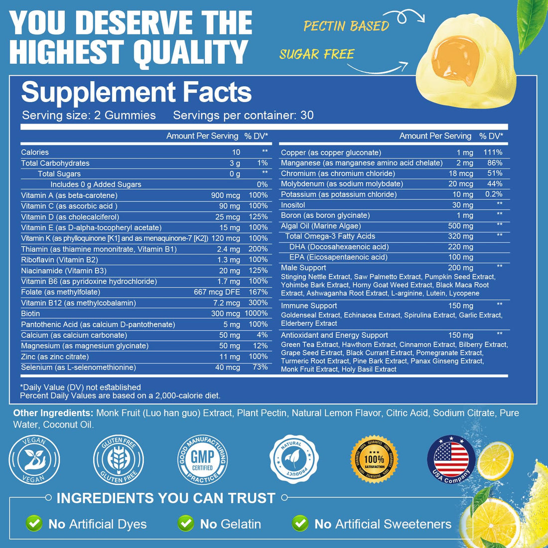 Totaria Sugar Free Multivitamin Gummies for Men w/Vegan Omega 3, Vitamin A, B, C, E, D3, K, Methylfolate, Biotin, Zinc, Mens Daily Vitamins & Minerals, for Immunity, Energy, Lemon Flavor, 60 Counts