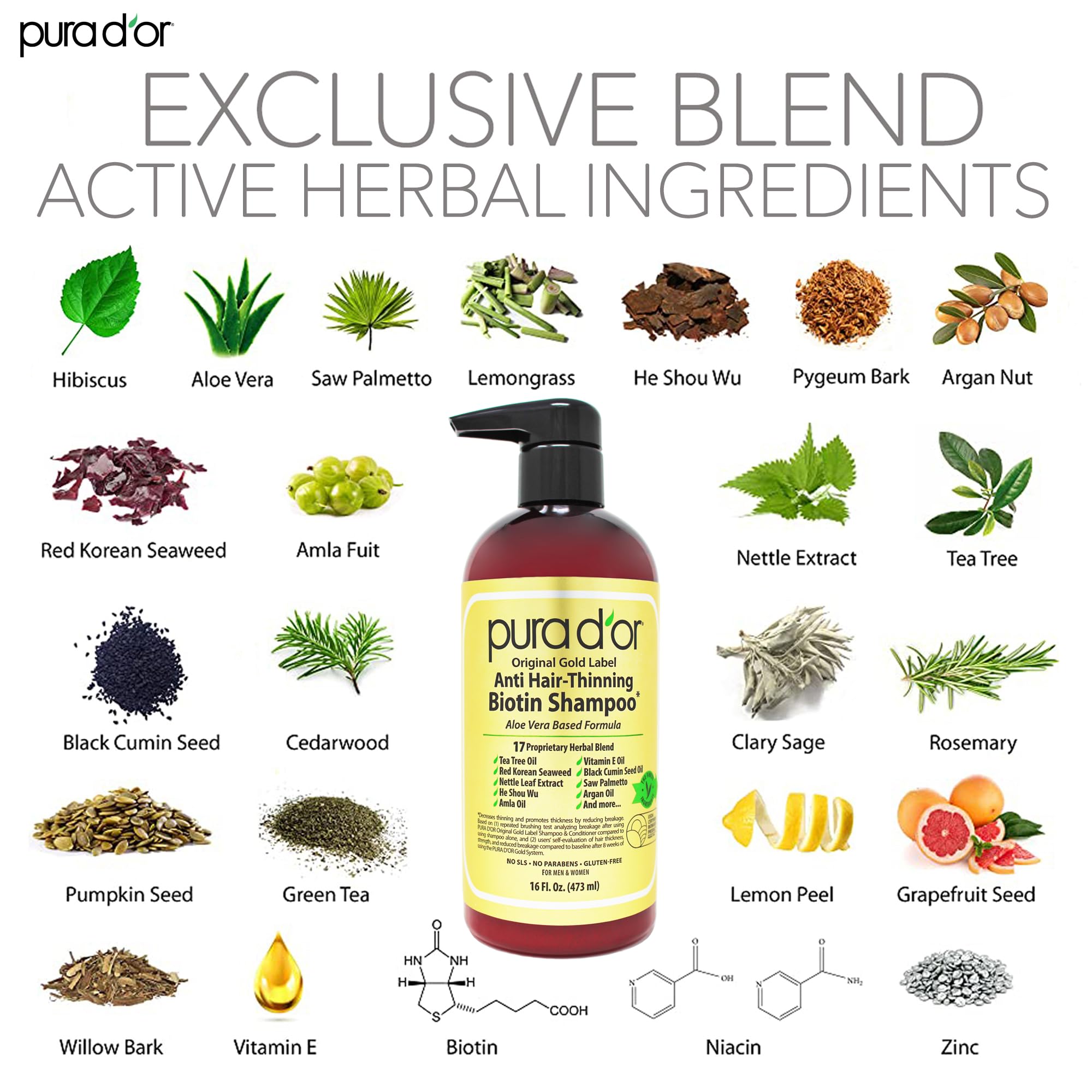 PURA D'OR Original Gold Label Anti-Thinning Biotin Shampoo Natural Earthy Scent, Herbal Hair Thickening Products, 3-1 Wash, Women & Men, Color Treated Hair, 16 Oz