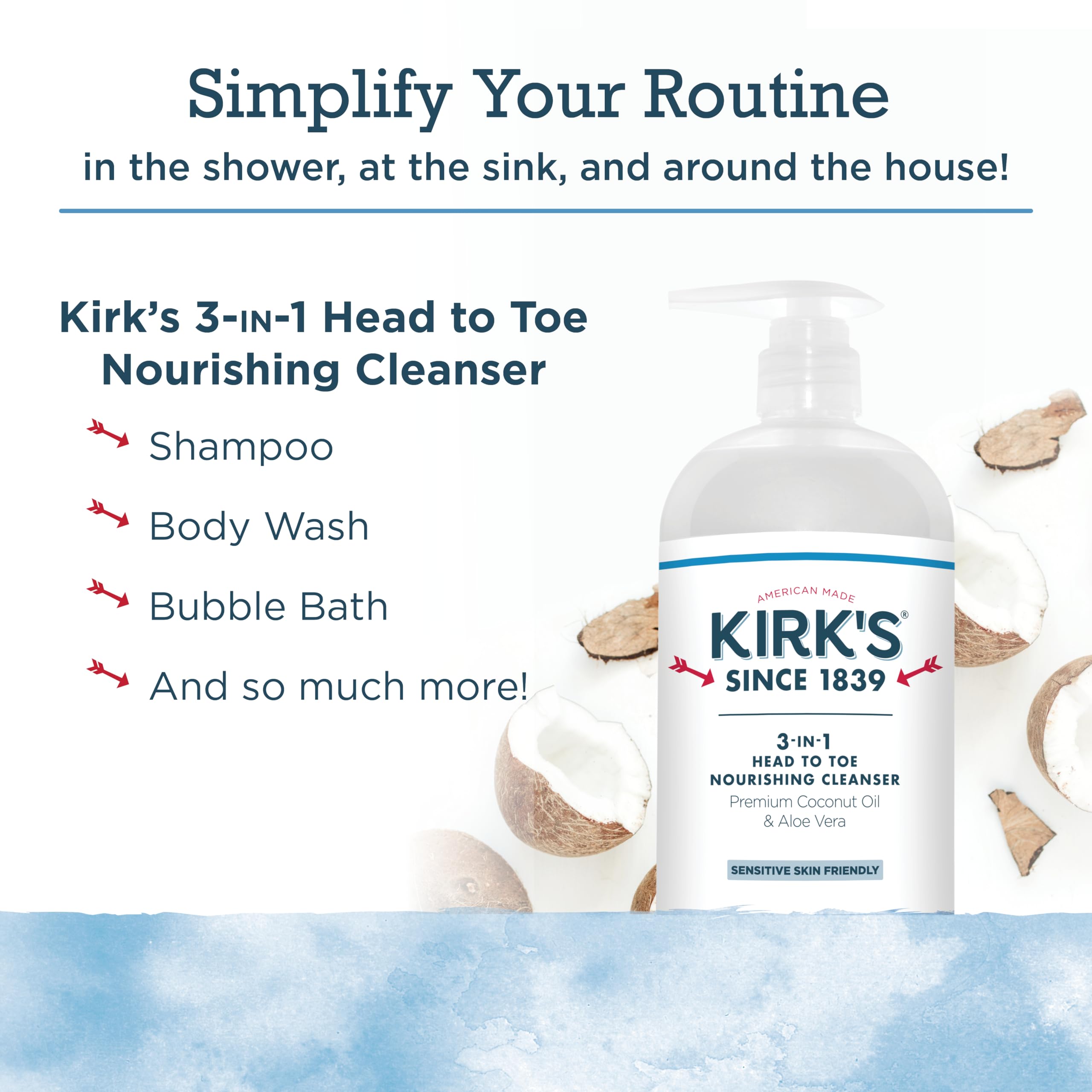 3-in-1 Castile Liquid Soap by Kirkââ‚¬â„¢s | Head-to-Toe Natural Shampoo, Face Soap & Body Wash for Men, Women & Children | Coconut Oil + Aloe Vera | Original Fresh Scent | 32 Fl Oz. Pump Bottle