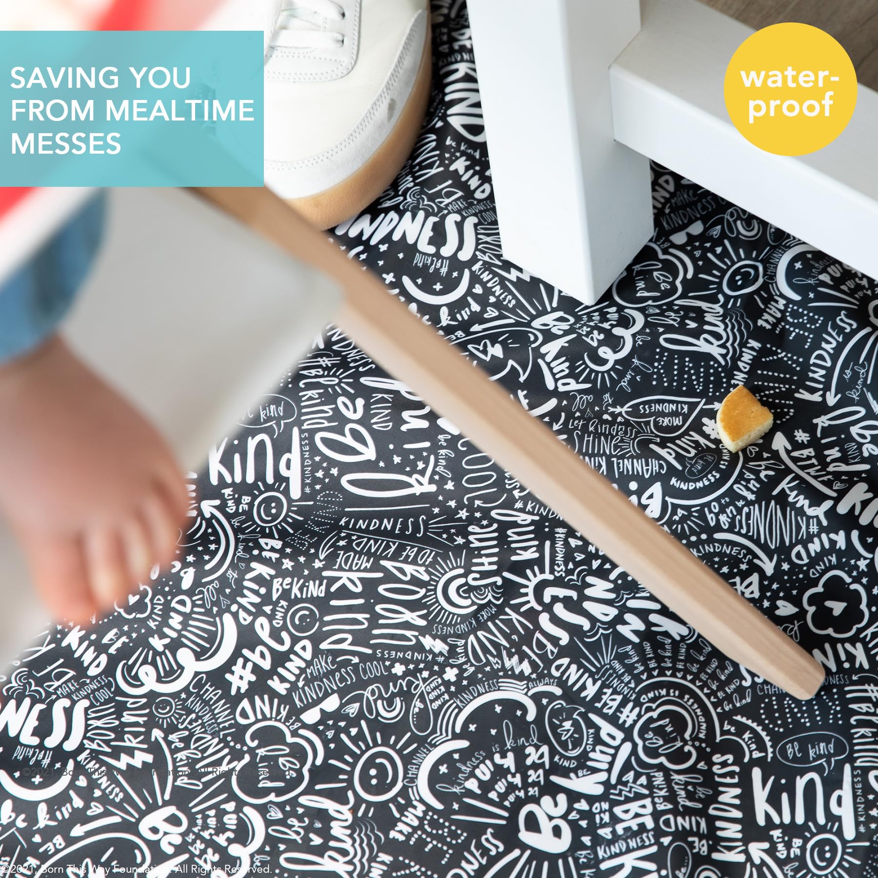 Bumkins Baby Splat Mat for Under High Chair, Babies Toddlers Eating Mess Mat, Waterproof Reusable Cloth for Arts and Crafts, Play Mat for Kids, Floors or Tables 42inx42in, Born This Way Be Kind Black