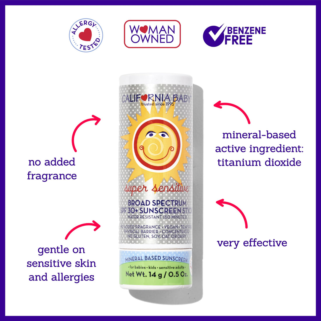 California Baby Super Sensitive SPF 30+ Sunscreen Stick | Broad Spectrum | Unscented Hypoallergenic Mineral Sunscreen | Titanium Dioxide | 14g / 0.5oz