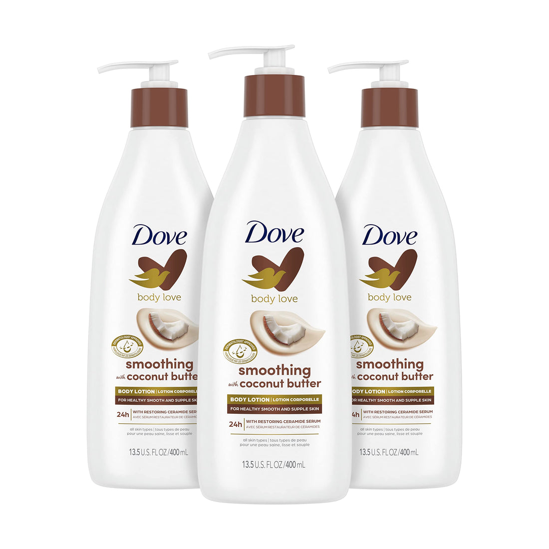 Dove Body Love Smoothing Body Lotion Coconut Oil & Cocoa Butter 3 Count for Healthy, Smooth, Supple Skin Lotion for Dry Skin with Restoring Ceramide Serum 13.5 oz