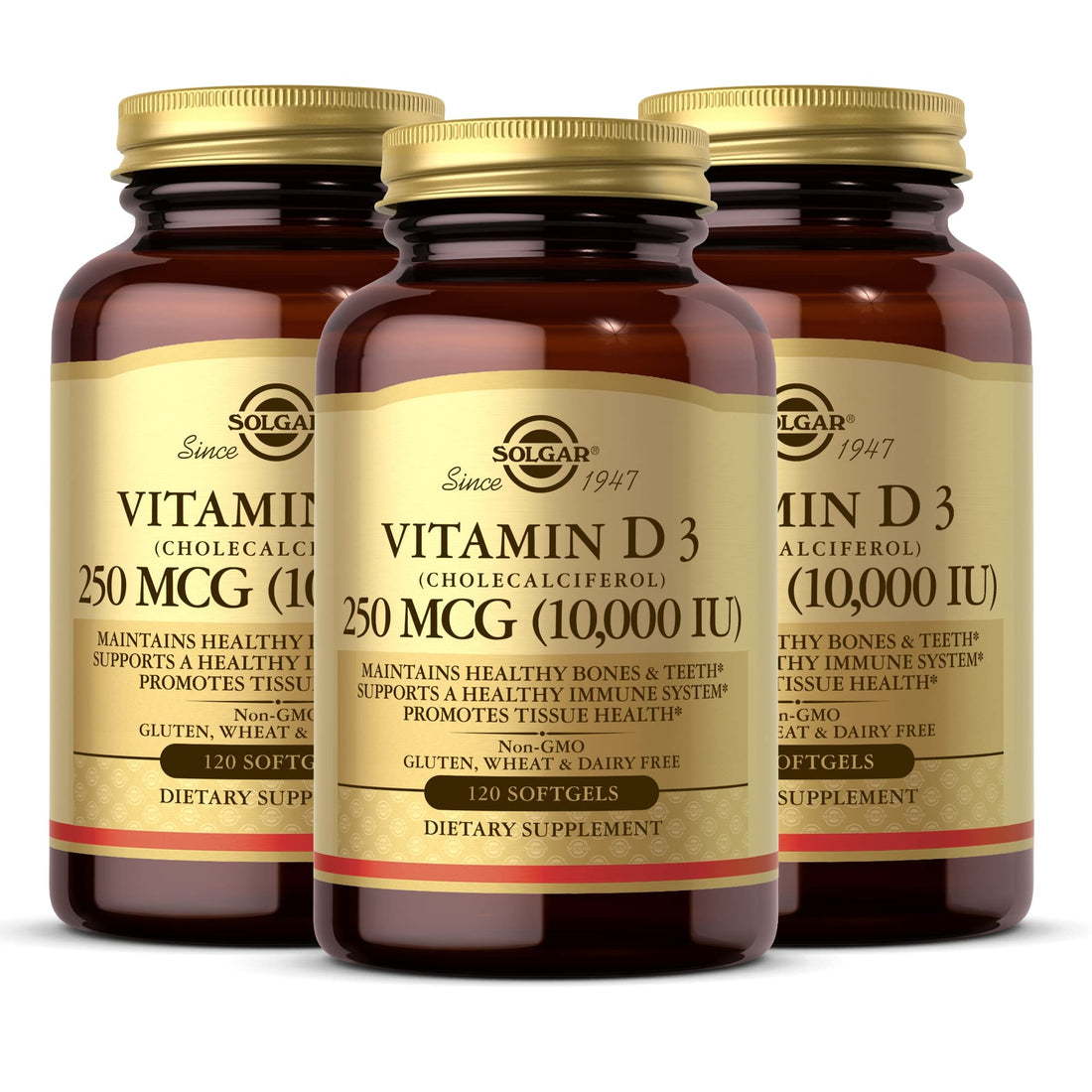 Solgar Vitamin D3 (Cholecalciferol) 250 MCG (10,000 IU), 120 Softgels - 3 Pack - Helps Maintain Healthy Bones & Teeth - Immune System Support - Non-GMO, Gluten Free, Dairy Free - 360 Total Servings