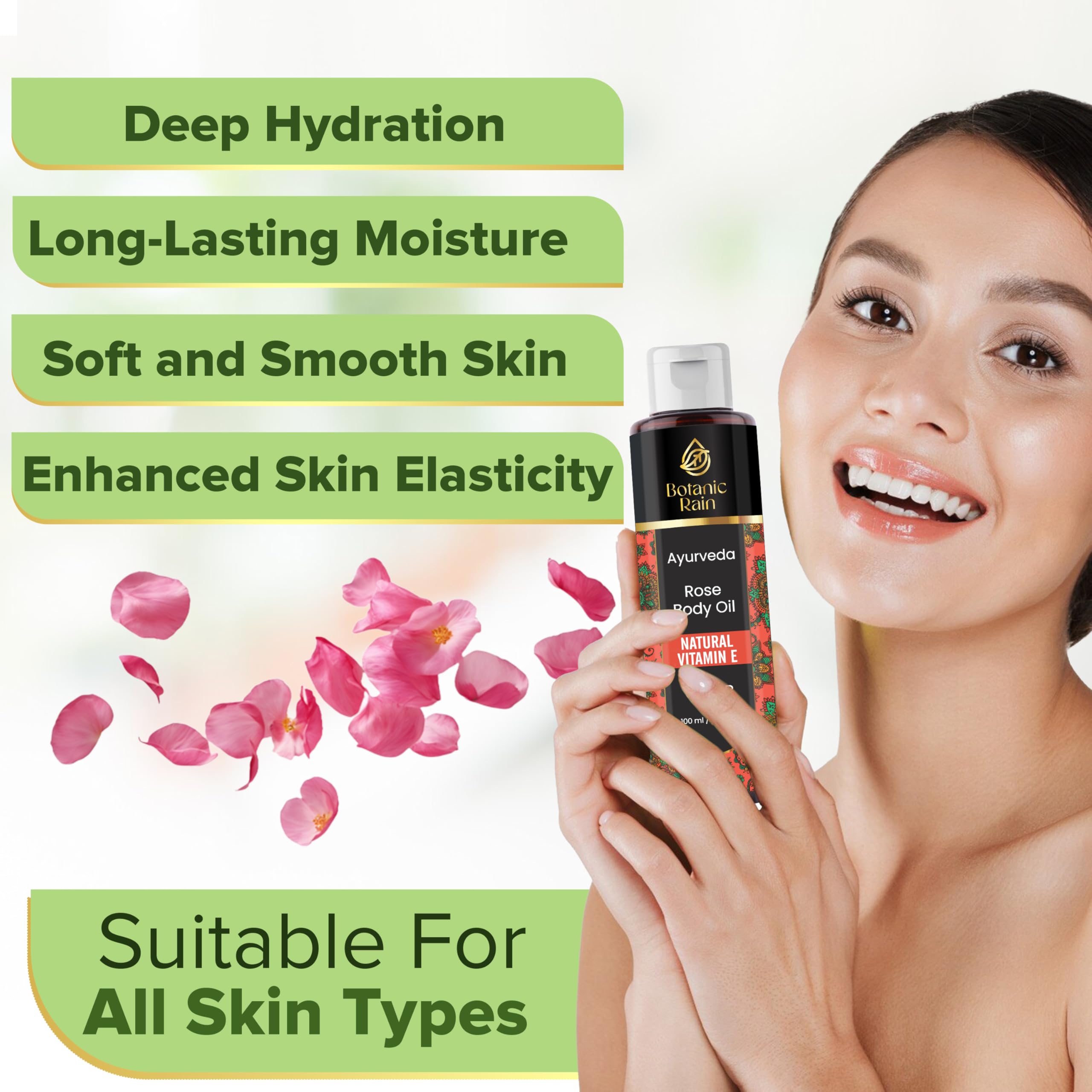 Botanic Rain Ayurveda Rose Body Oil, Moisturizing & Hydrating Organic Vitamin E Oil, Body Oils For Women After Shower, Ayurveda Products For Crepey Skin Repair - 3.38 Fl Oz