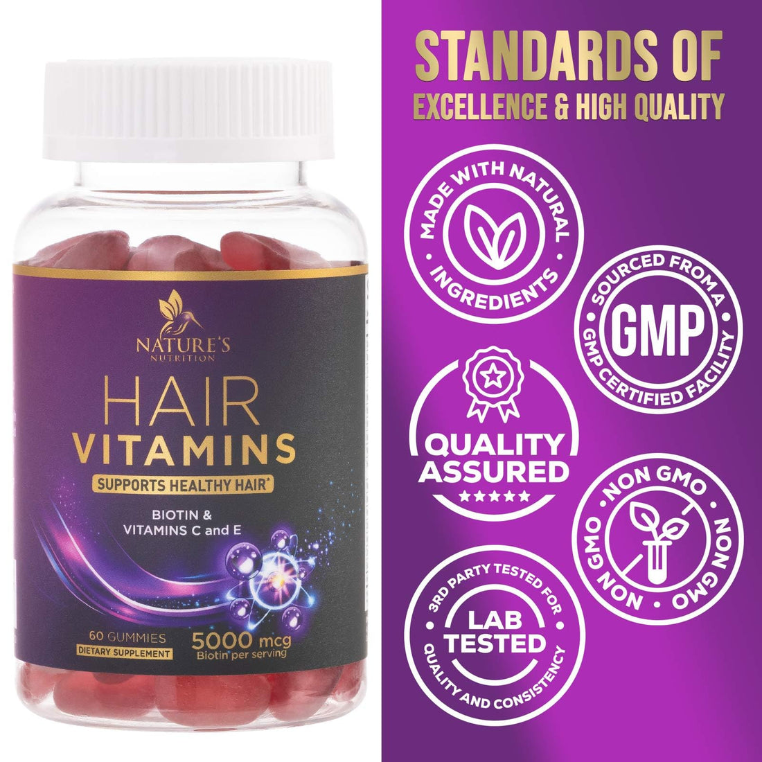Hair Growth Supplement Gummy for Stronger, Radiant Hair, Skin & Nails - Hair Vitamins with Biotin 5000 mcg and Vitamin E & C, Nature's Extra Strength Hair Vitamins for Women & Men - 60 Gummies