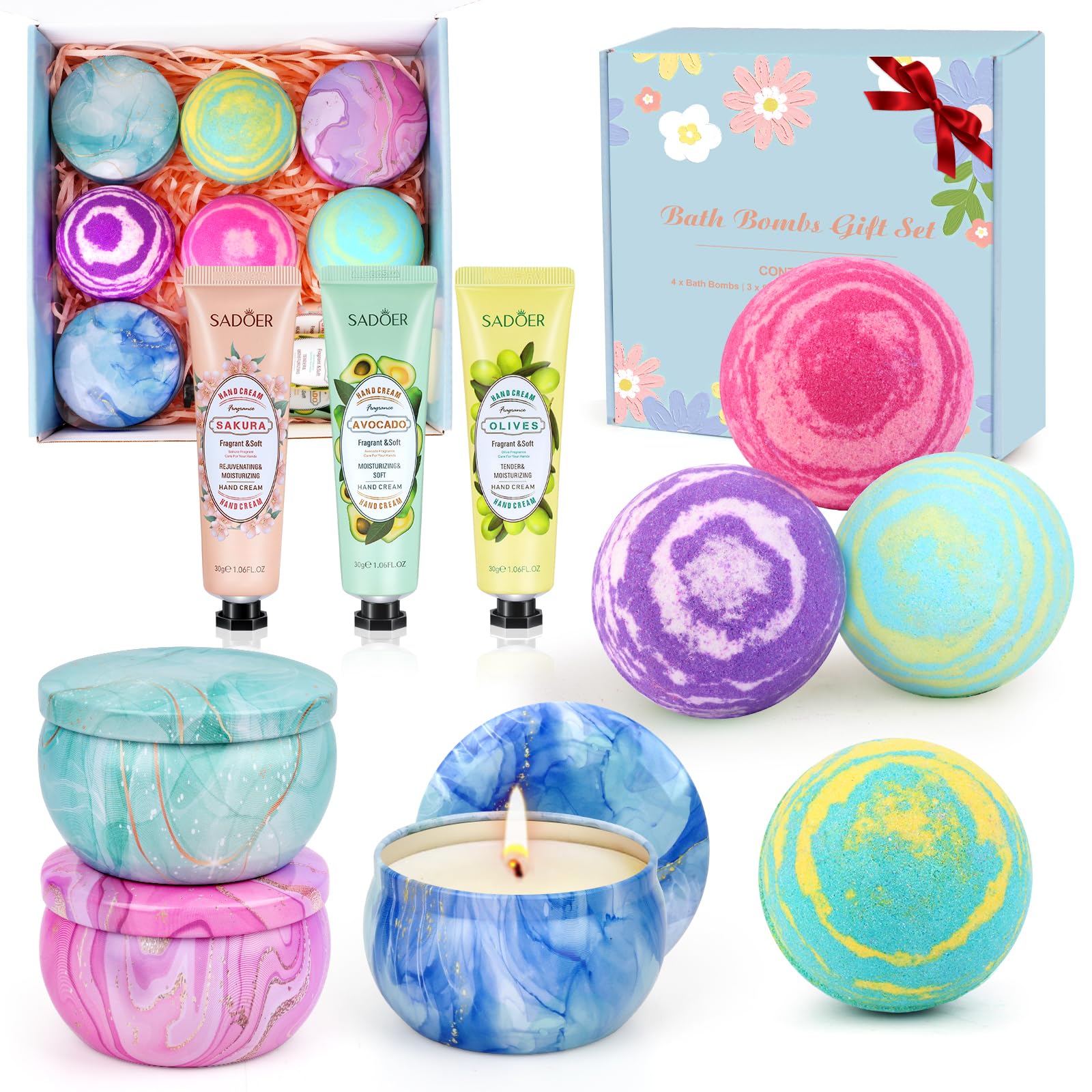 Bath Bombs for Women Gift Set - 4 Large Bath Bombs + 3 Scented Candles + 3 Hand Lotions, Handmade Moisturizing SPA Gift Baskets Fizzy Bath Bomb, Ideal Gift for Valentine's Day, Mother's Day, Birthday