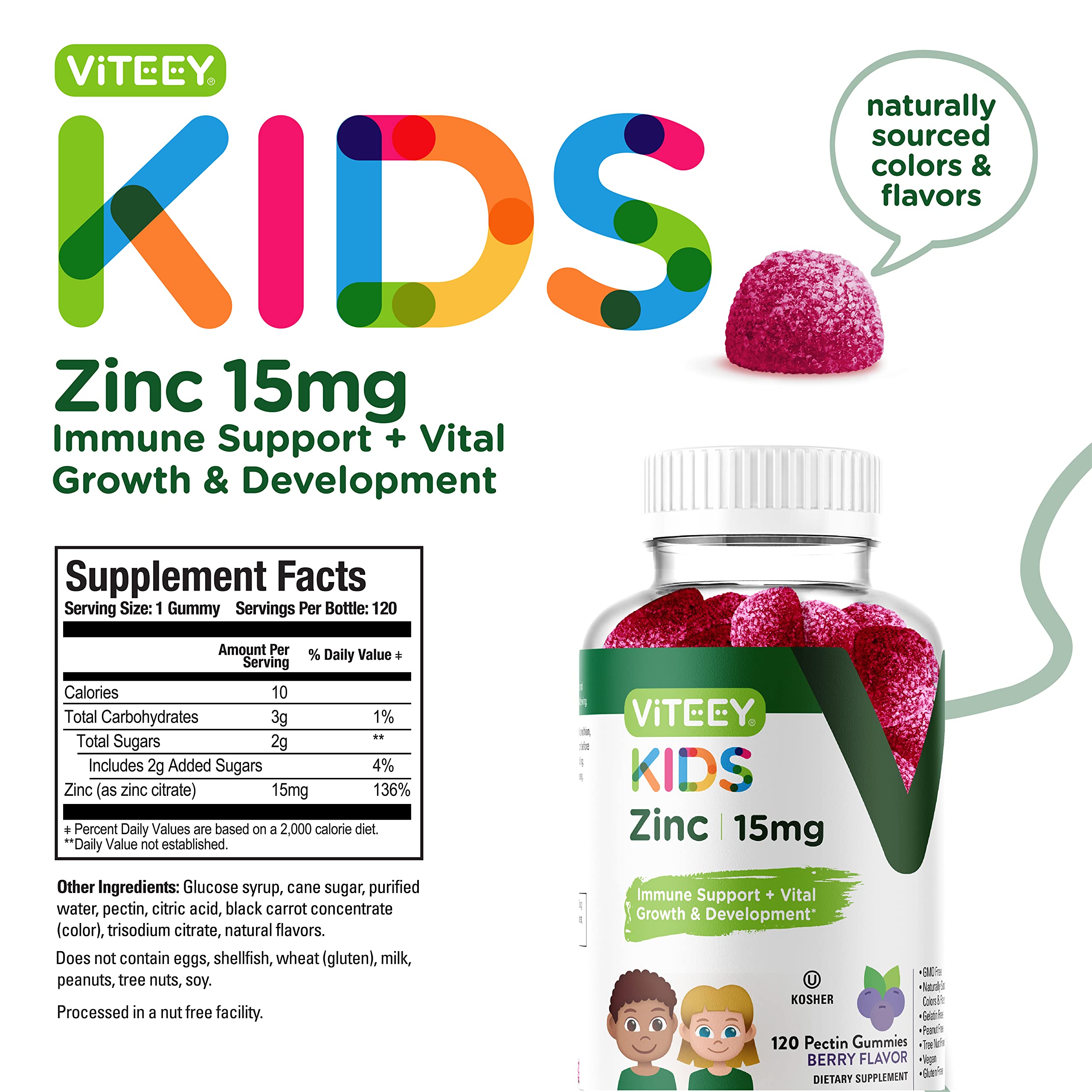 Zinc for Kids Gummies 15mg - Immune Support for Kids & Teens - Powerful Natural Antioxidant, Kids Zinc Vitamin Supplement - Vegan, Gelatin Free, Gluten Free - Tasty Chewable Berry Flavor Gummy