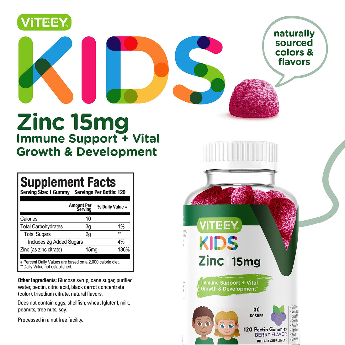 Zinc for Kids Gummies 15mg - Immune Support for Kids & Teens - Powerful Natural Antioxidant, Kids Zinc Vitamin Supplement - Vegan, Gelatin Free, Gluten Free - Tasty Chewable Berry Flavor Gummy