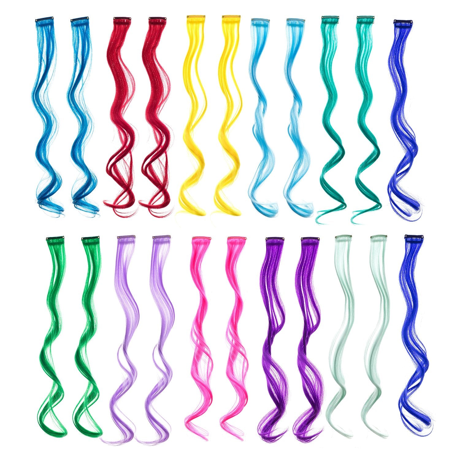 Swacc 22 Pcs Colored Party Highlights Clip On In Hair Extensions Multi-Colors Hair Streak Synthetic Hairpieces (11 Colors 22 Pcs In Set -Curly)
