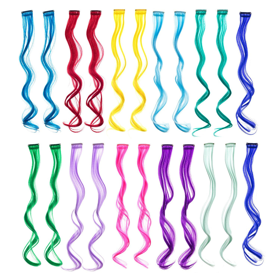 Swacc 22 Pcs Colored Party Highlights Clip On In Hair Extensions Multi-Colors Hair Streak Synthetic Hairpieces (11 Colors 22 Pcs In Set -Curly)