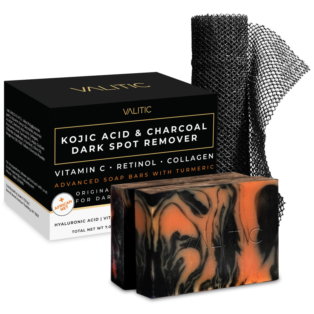 VALITIC Charcoal Kojic Acid Turmeric Black Soap Bar Dark Spot Remover for Body or Face Wash - 2 Pack and African Net Sponge
