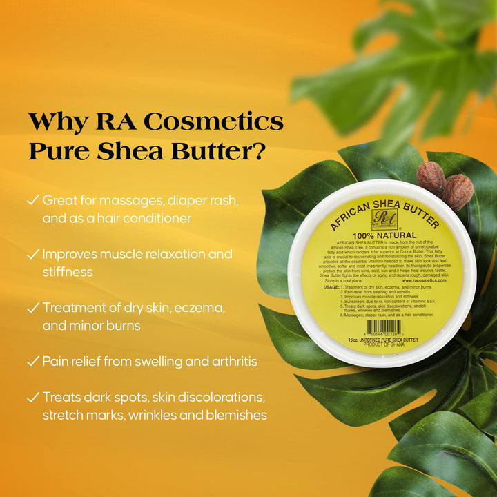 RA Cosmetics 100% Pure and Natural African Shea Butter - Handcrafted Moisturizer with Essential Vitamins for Radiant Skin and Luscious Hair - 32 oz Jar