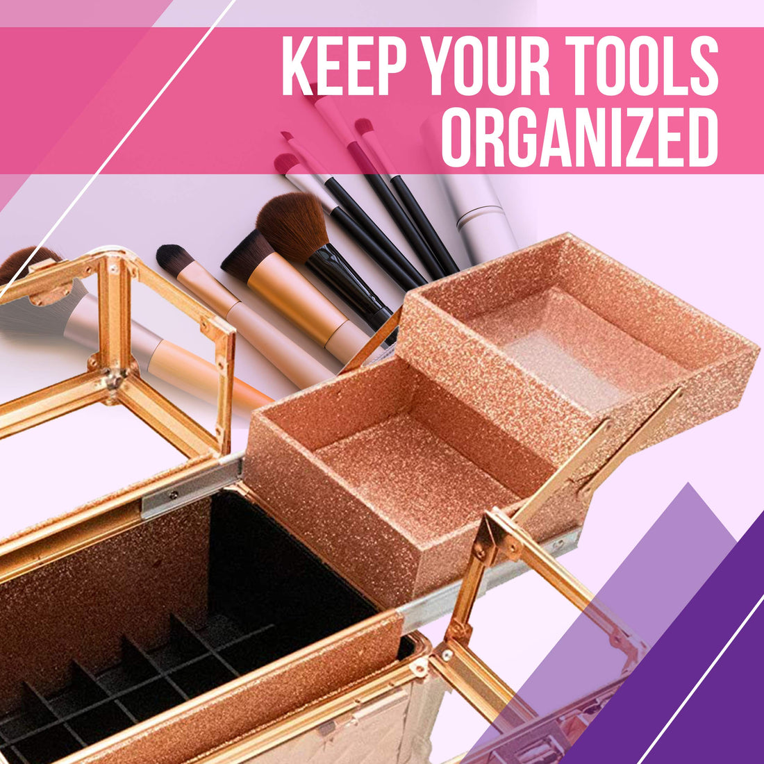 Ver Beauty 3.8mm armored acrylic makeup case jewelry portable travel organizer with 4 extendable trays clear cover micro-fiber cloth brush holders keylocks - vp017, Rose Gold Diamond