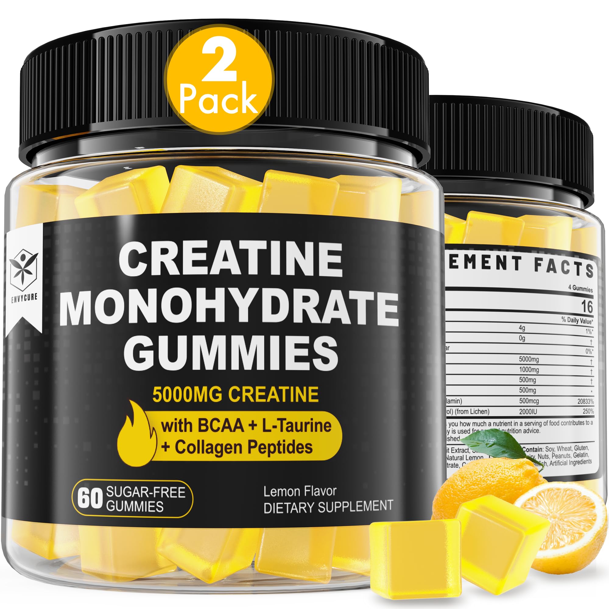 Creatine Monohydrate Gummies for Men & Women - with BCAA, Collagen Peptides, L-Taurine, Vitamin B12, D3, Chewables Creatine Monohydrate 5g Per Serving, Natural Lemon Flavor, Sugar Free, 2 Pack