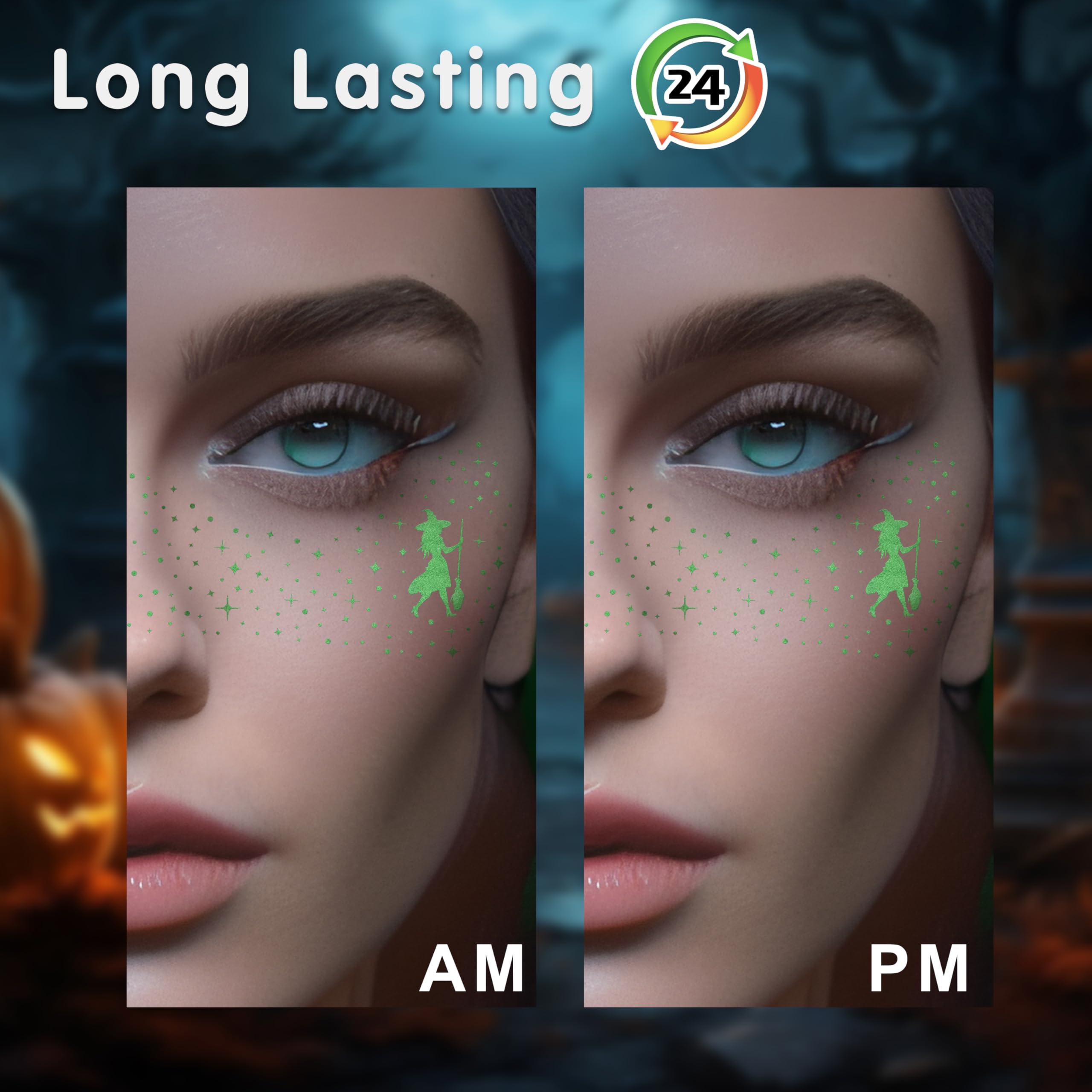 MEICOLY Halloween Glitter Freckles Witch Tattoos for Kids,Friendship Green Witch Pink Princess Stickers for Wicked Makeup Costume,Wicked Birthday Party Accessories,Wicked Party Favors,8 Counts