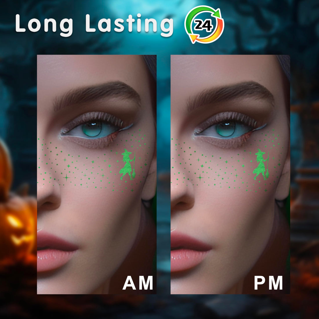 MEICOLY Halloween Glitter Freckles Witch Tattoos for Kids,Friendship Green Witch Pink Princess Stickers for Wicked Makeup Costume,Wicked Birthday Party Accessories,Wicked Party Favors,8 Counts