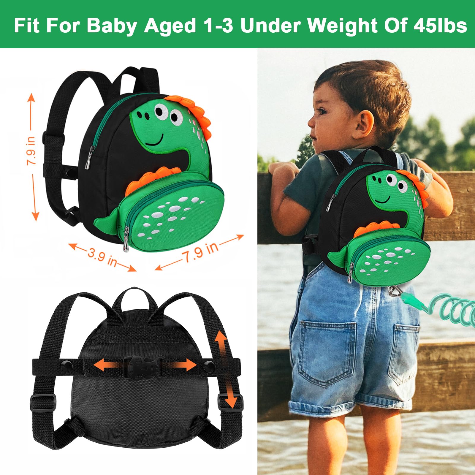 Accmor Toddler Backpack Harness with Safety Leash, Cute Dinosaur Harnesses with Kids Anti Lost Wrist Link, Mini Child Schoolbag with Wristband Tether Strap and Protection Leashes for Baby boys (Black)