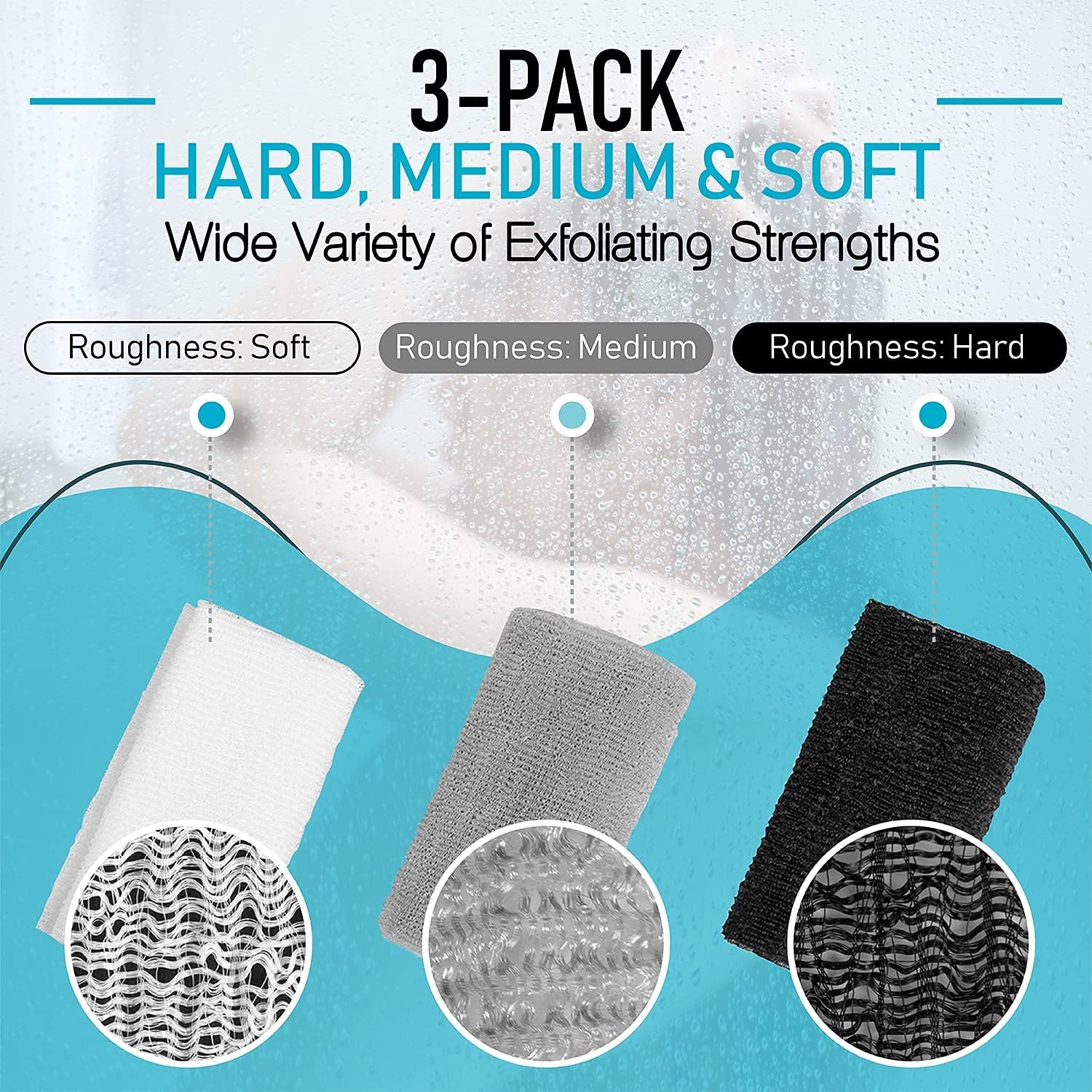 Exfoliating Body Washcloth Variety Pack (3pc) - Soft, Medium & Hard - Nylon Body Scrub Cloth (11.8 X 35.4) - Ideal Bath Shower Back Scrubber for Men & Women - Enhances Skin Beauty