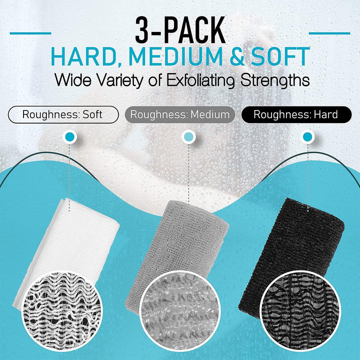 Exfoliating Body Washcloth Variety Pack (3pc) - Soft, Medium & Hard - Nylon Body Scrub Cloth (11.8 X 35.4) - Ideal Bath Shower Back Scrubber for Men & Women - Enhances Skin Beauty