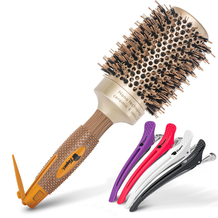 Fagaci Round Brush for Blow Drying with Natural Boar Bristle, Professional Round Hair Brush Nano Technology Ceramic + Ionic for Hair Styling, Drying, Healthy Hair and Add Volume + 4 Styling Clips