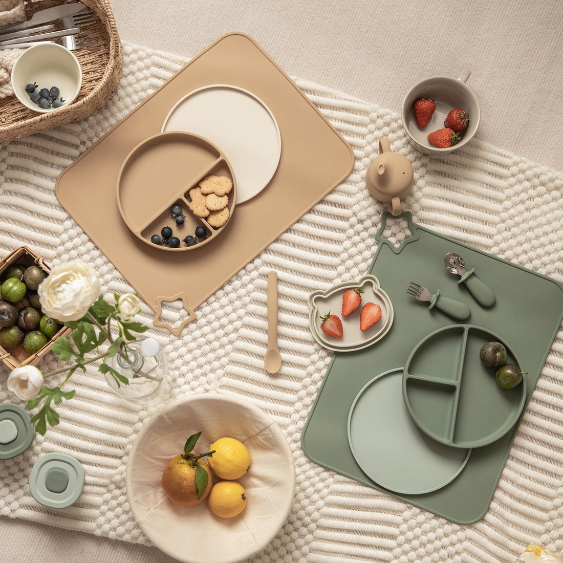 Moonkie Silicone Placemats for Baby & Kid, Stain-Proof Non-Slip Toddler Food Mats Eating Table Mat with 2 Packs(Ether/Sage