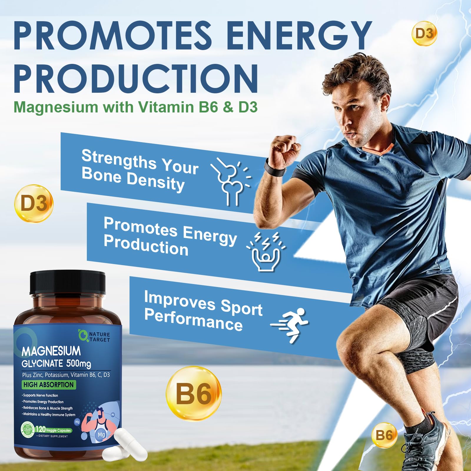 NATURE TARGET Magnesium Glycinate 500mg, Chelated Magnesium with Zinc & Vitamin D3 for Muscle, Nerve & Bone, Support Heart Health & Leg Cramp, Strength Immune System - 120 Capsules