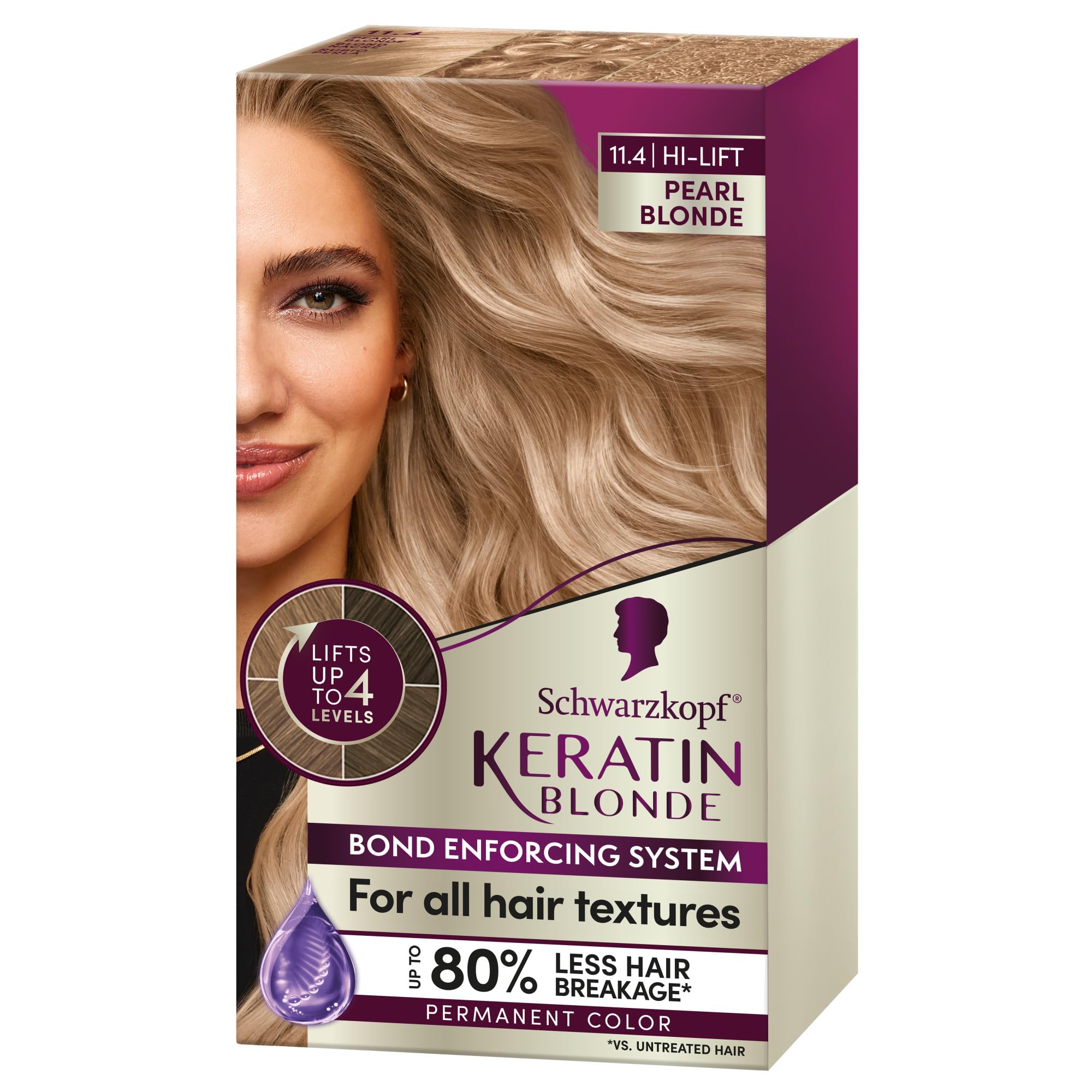 Schwarzkopf Keratin Blonde Hair Dye Pearl Blonde 11.4, Hi-Lift Permanent Color, 1 Application - Hair Color Enriched with Keratin, Lightens up to 4 Levels and Protects Hair from Breakage*