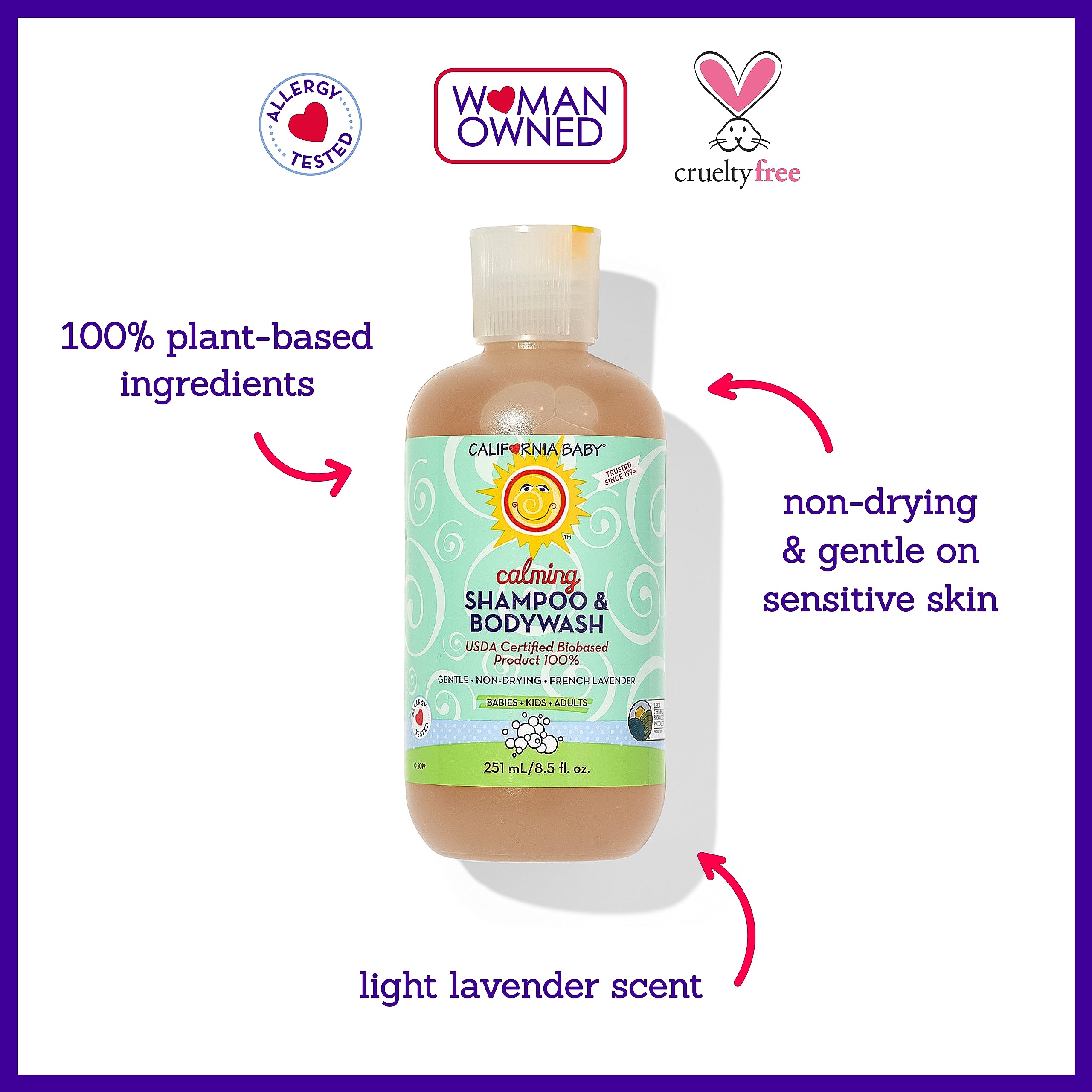 California Baby Calming Baby Shampoo + Baby Wash | 100% Plant-Based | Lavender Body Wash For Sensitive Skin | Hypoallergenic | 251 mL / 8.5 oz.